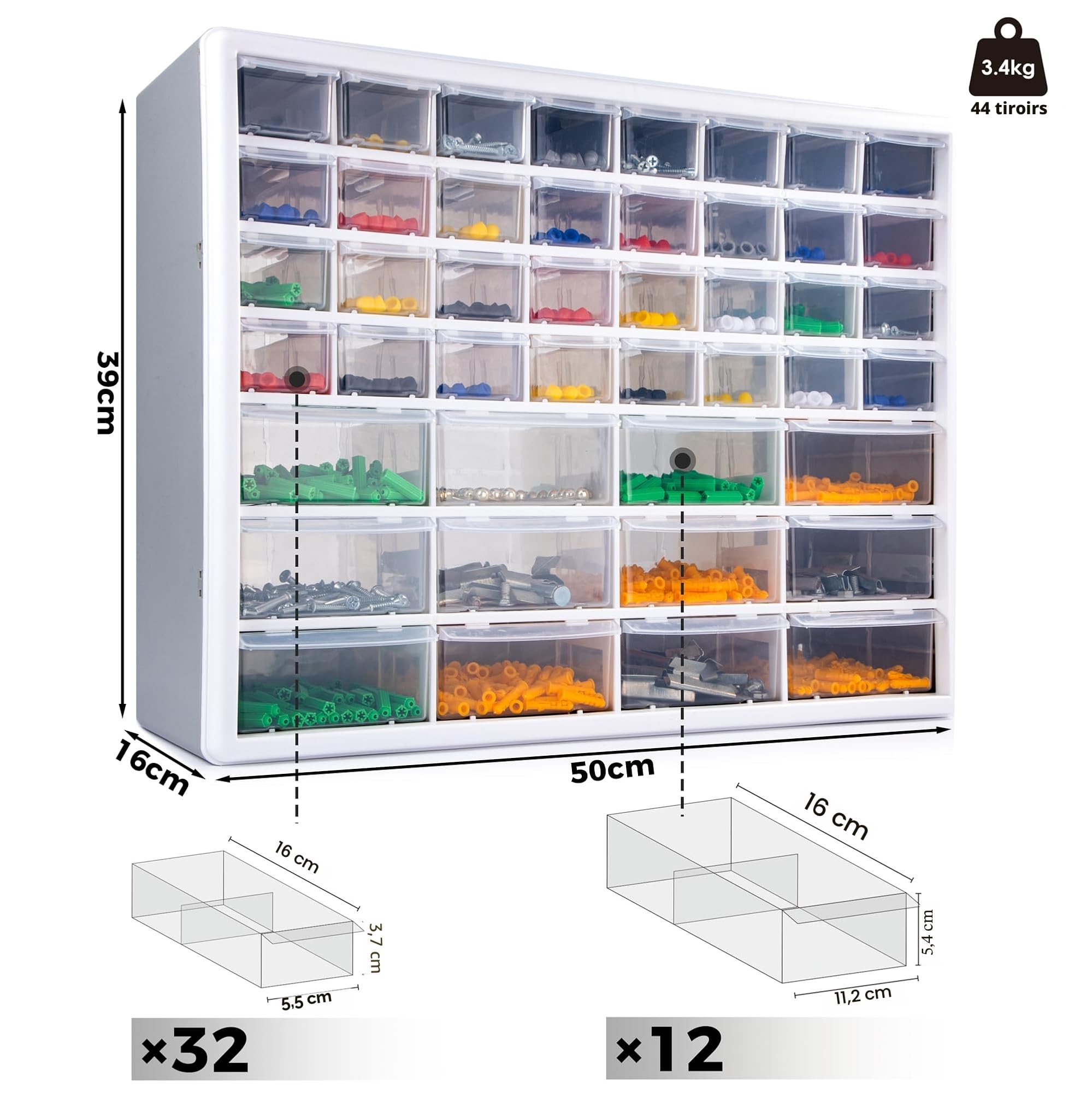 CraftGenes Organiseur de rangement à vis – Boîte de rangement pour garage et atelier à 44 tiroirs avec séparateurs réglables, organiseur mural pour outils (gris)