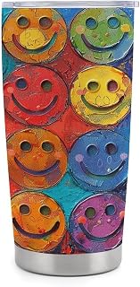Colorful Happy Face 20oz Tumbler Stainless Steel Travel Mug | Vacuum Insulated Tumblers Travel Coffee Mug Cups with Lid & Straw for Cold & Hot Drinks Personalized Gifts for Women Men