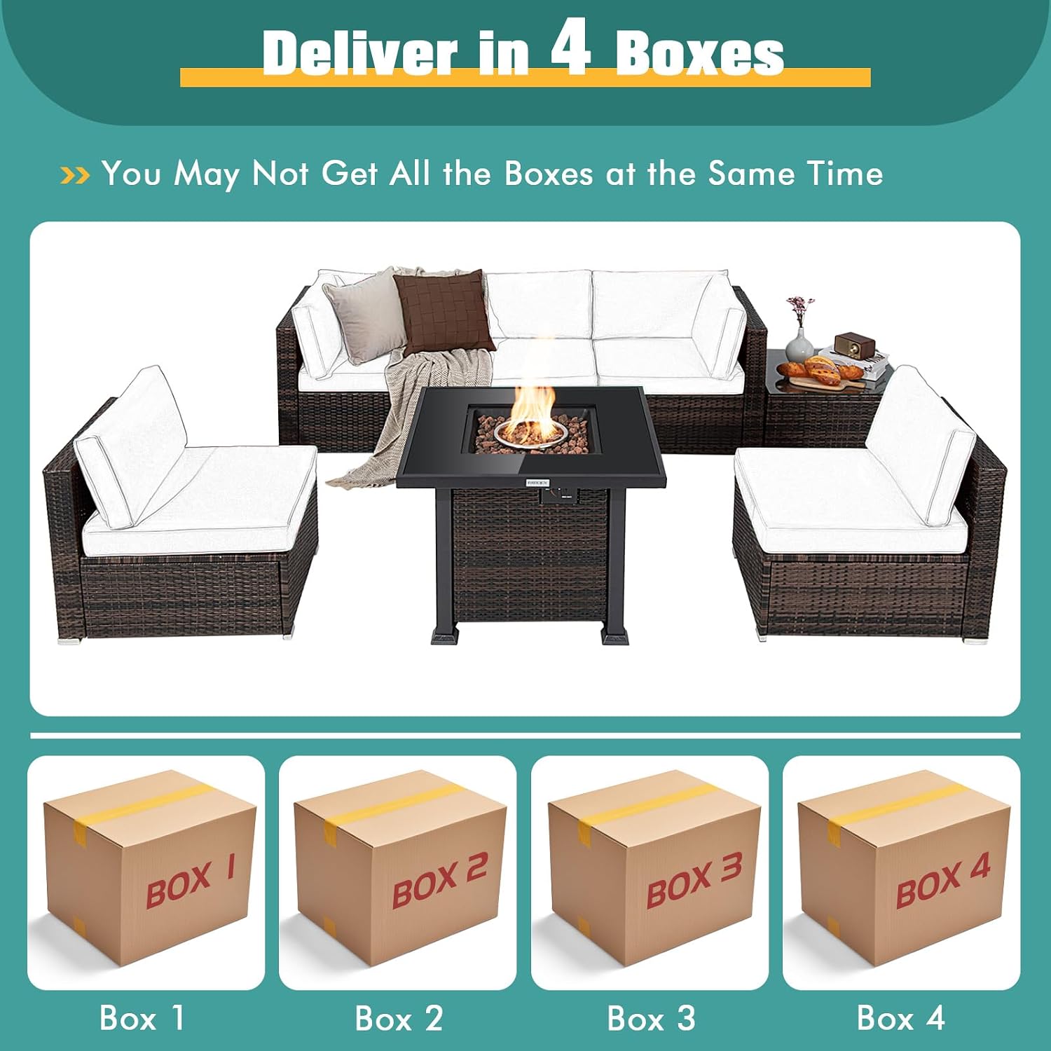 Diagram showing the 7-piece patio set being delivered in 4 separate boxes