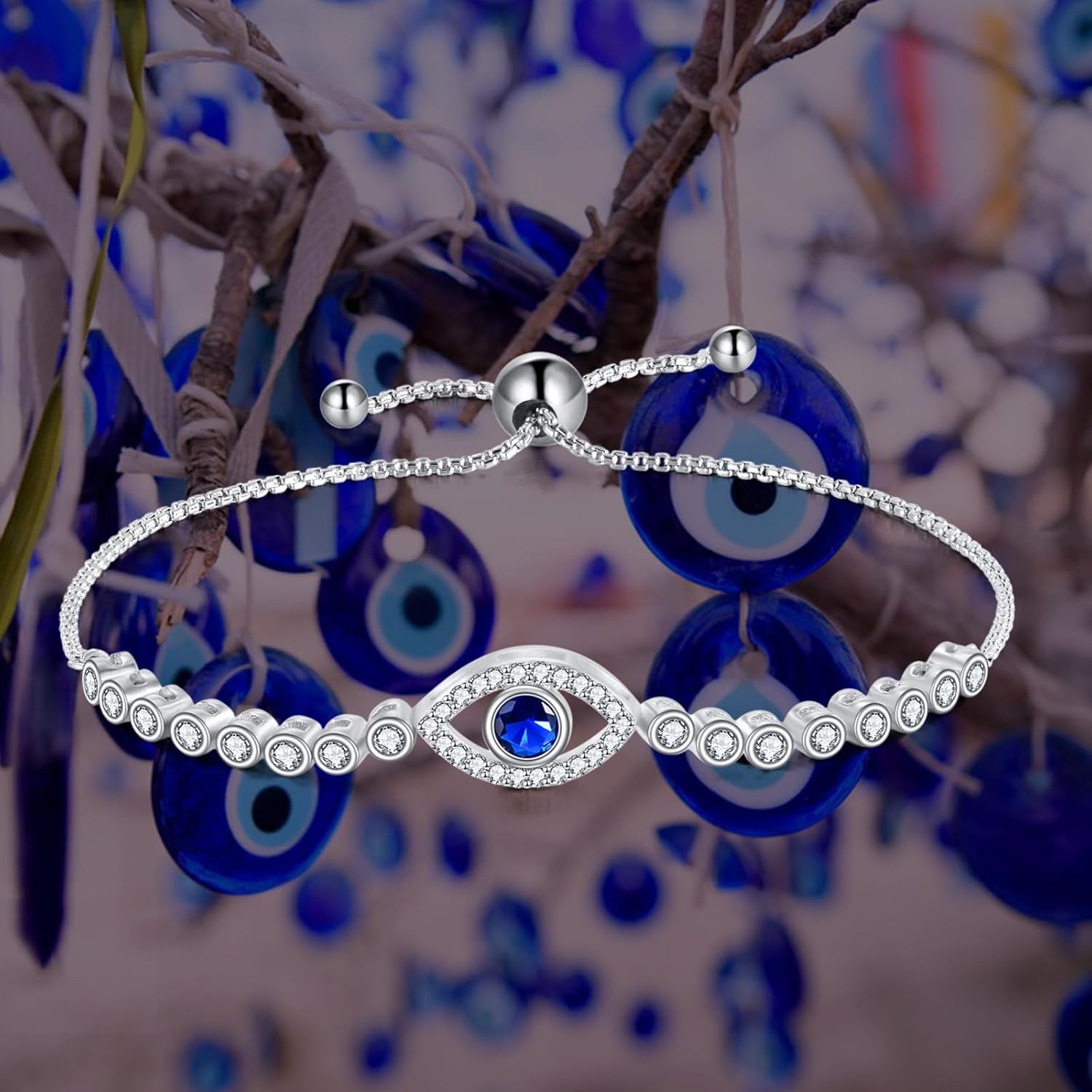 Evil Eye Bracelet 925 Sterling Silver Greek Evil Eye Bracelet Dainty Turkey Evil Eye Protection Amulet Jewelry Gift for Women Mom Wife Daughter