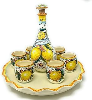CERAMICHE D'ARTE PARRINI - Italian Ceramic Pottery Set Tray + Bottle + 6 Cups Limoncello Liqueur Shot Glasses Decorated Lemons Hand Painted Made in ITALY Tuscan