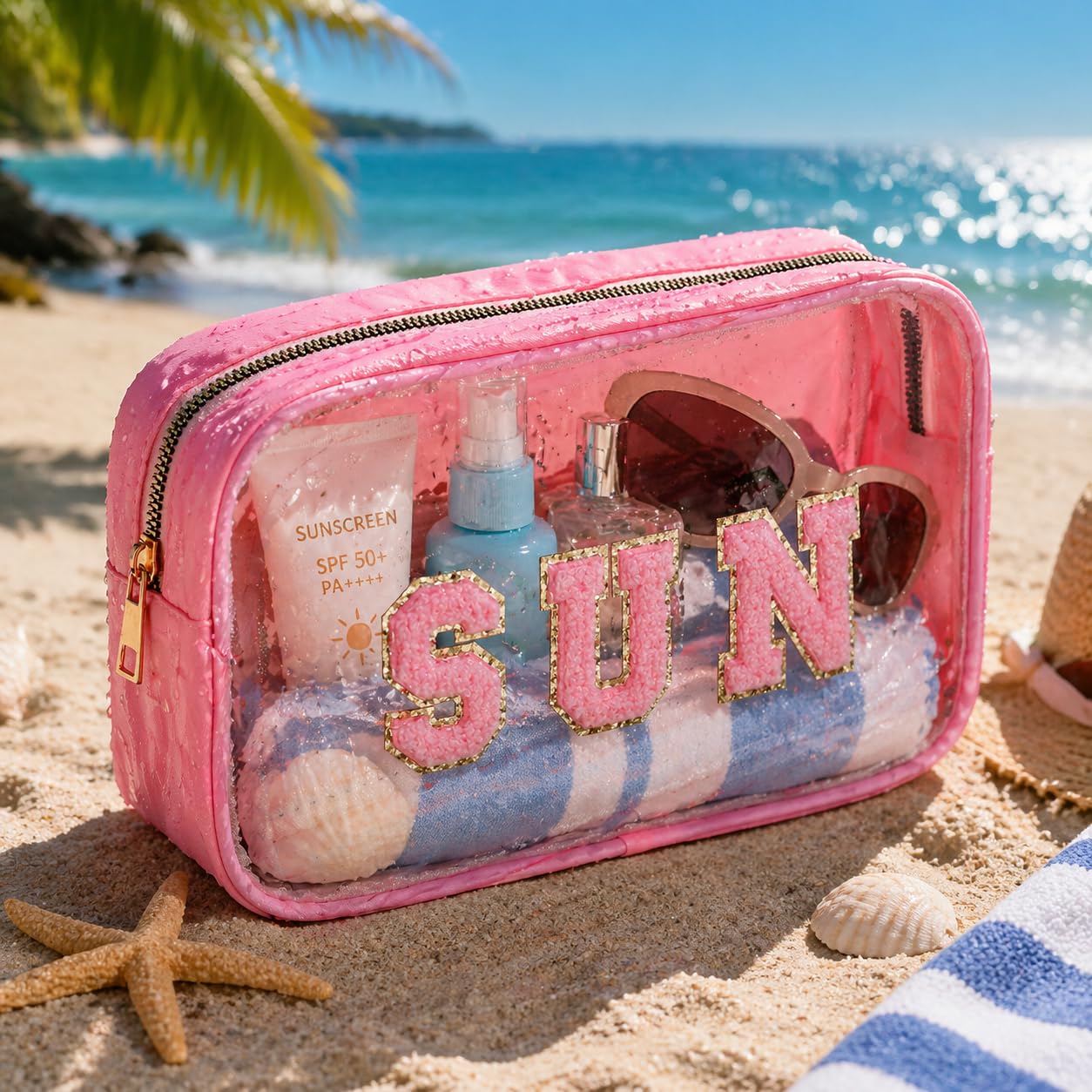 Przezroczysta torba do makijażu z nylonu i PVC z szenilowymi literami (Stuff/SwiM/BEACH), Różowy, niebieski, Różowe