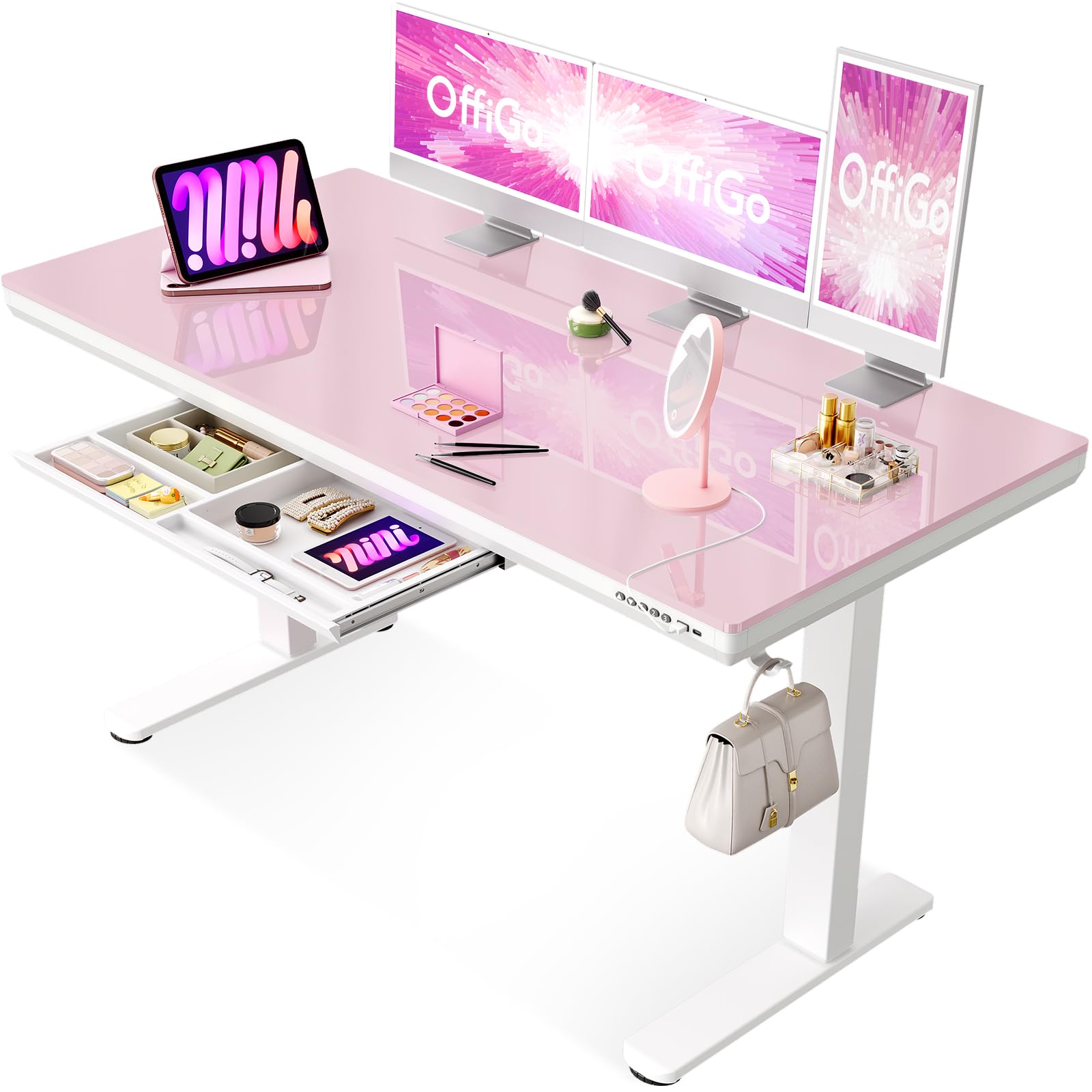 OffiGo Glas Höhenverstellbarer Schreibtisch, 140 x 60 cm Elektrischer Schreibtisch mit Schublade, Ganze Tischplatte mit USB und Type-C, Standing Desk, Steh-Sitz Glastisch für Home Office Büro, Rosa