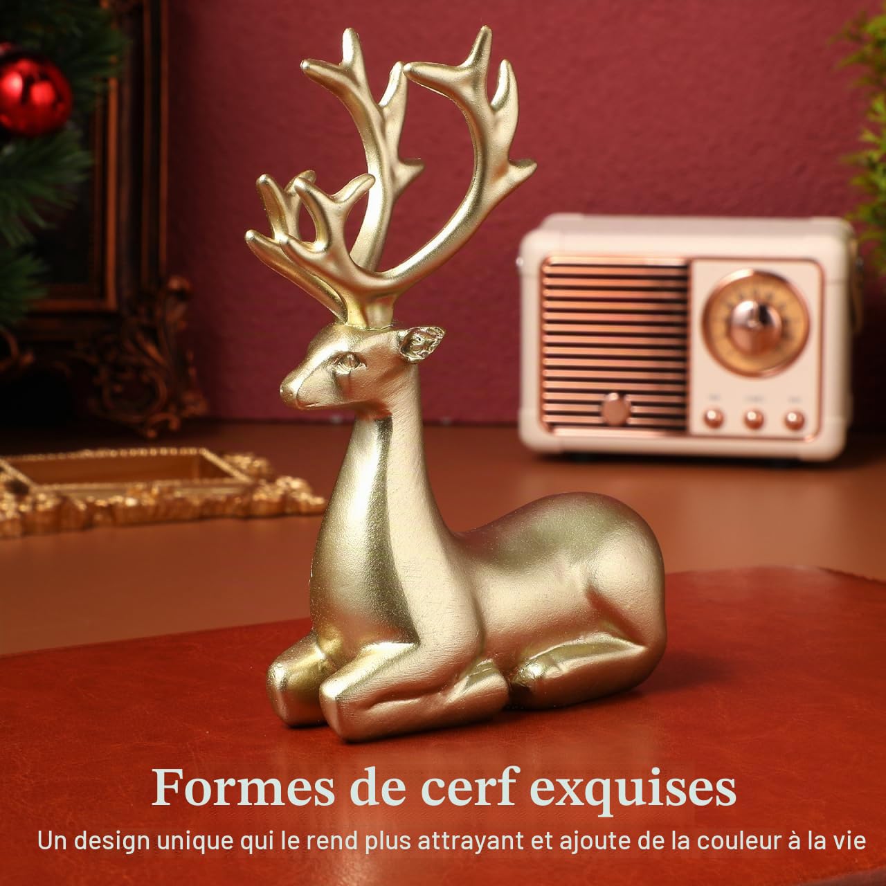 BESTonZON Figurines de cerf en résine de Noël, Figurines d'animaux en Forme de Couple de Cerfs dorés Figurine de Bureau Ornement Porte- fête de Noël, Mariage, Pendaison de crémaillère