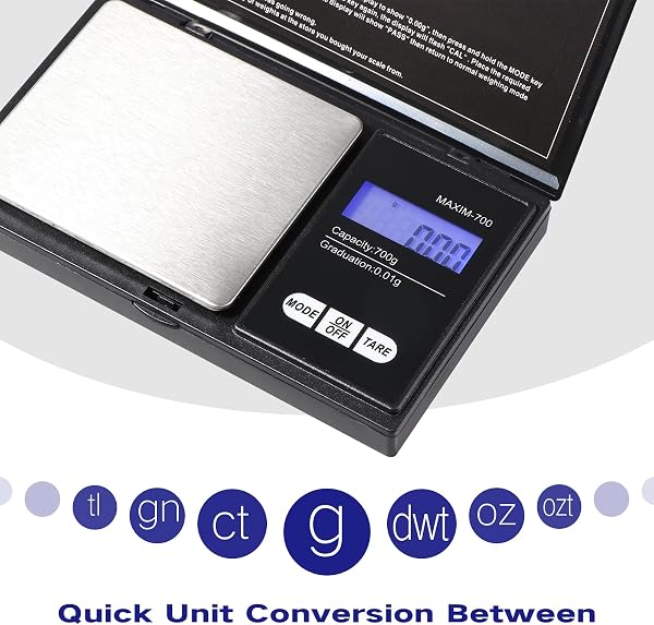 Vinabo Grammwaage Feinwaage 0.01g Waage Gramm 700g/0.01g Goldwaage Präzisionswaage Taschenwaage mit LCD Display und 7 Einheiten Tara Funktion für Küche, Kaffee, Schmuck (Einschließlich 2 Batterien) - 4