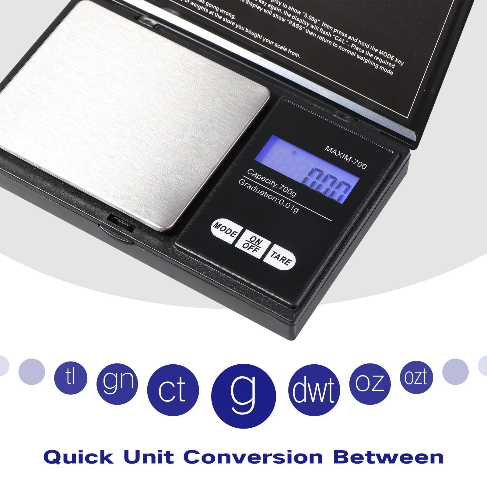 Vinabo Bilancia Precisione 700g/0.01g, Portatile Bilancino per Gioielli, Bilancia di Precisione 0.01g,Digital Pro Pocket, con Display LCD e 7 Unità, Funzione Tara, per Cucina Cucinare, Caffè, Farmaci