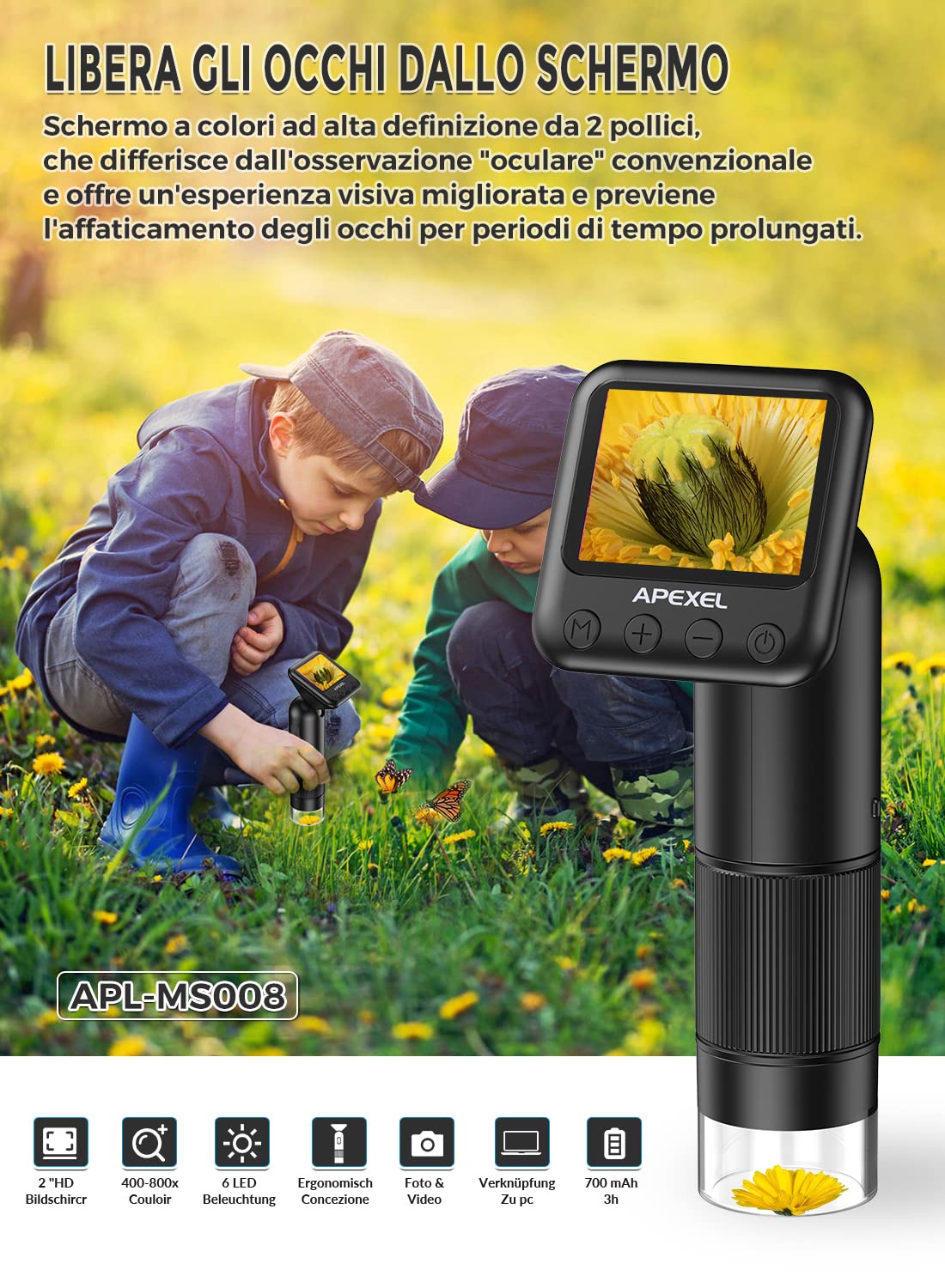 APEXEL Microscope Tascabile per Bambini, Microscopio Portatile con microscope Slides 800X Dermatoscopio Professionale USB Microscope Camera con schermo LC
