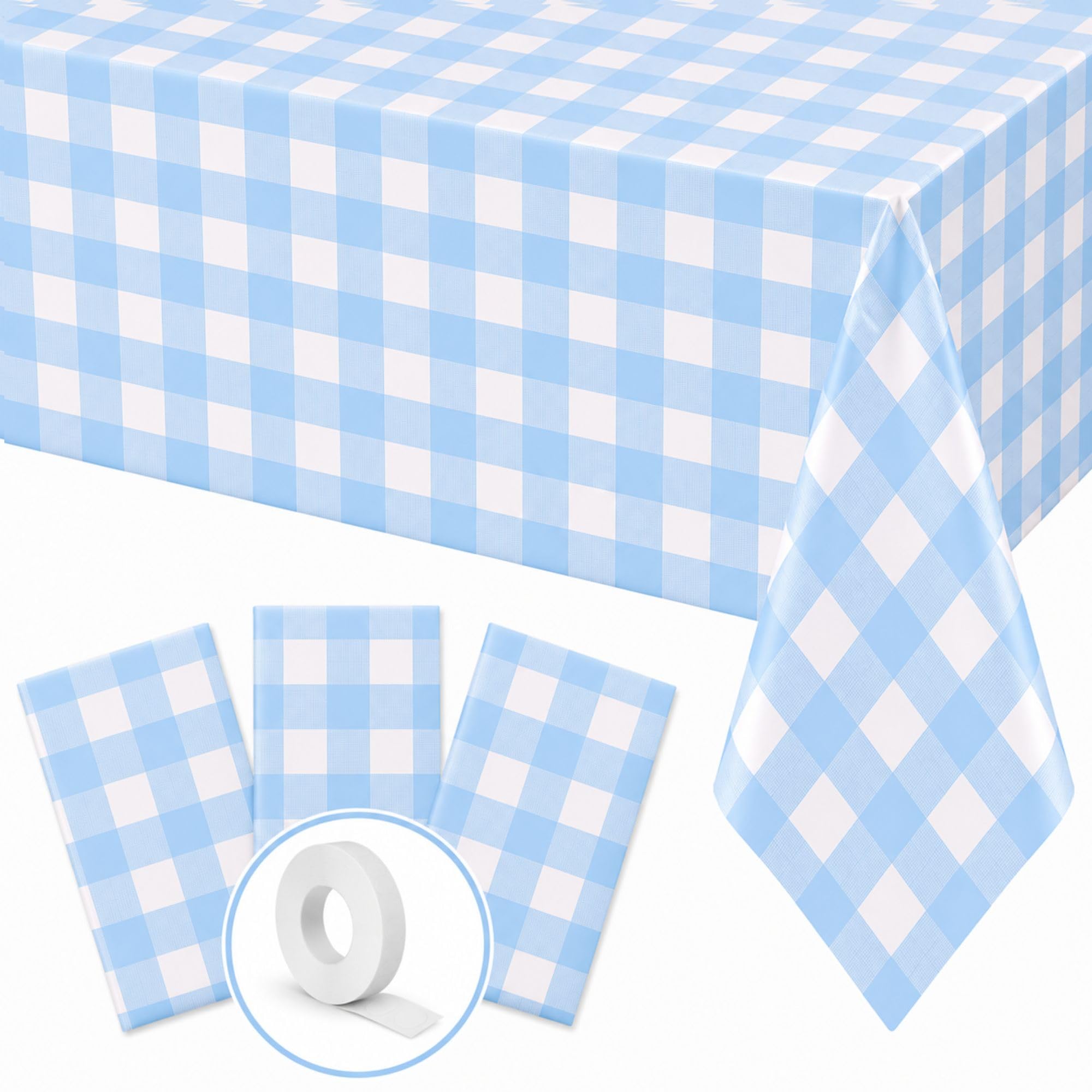 Blue Orchards Light Blue Gingham Table Cover (Pack of 3 with 20 Glue dots) - 54"x108" XL - Light Blue and White Checkered Picnic Tablecloth, Baby Shower Decoration, Outdoor Birthday Party Supplies
