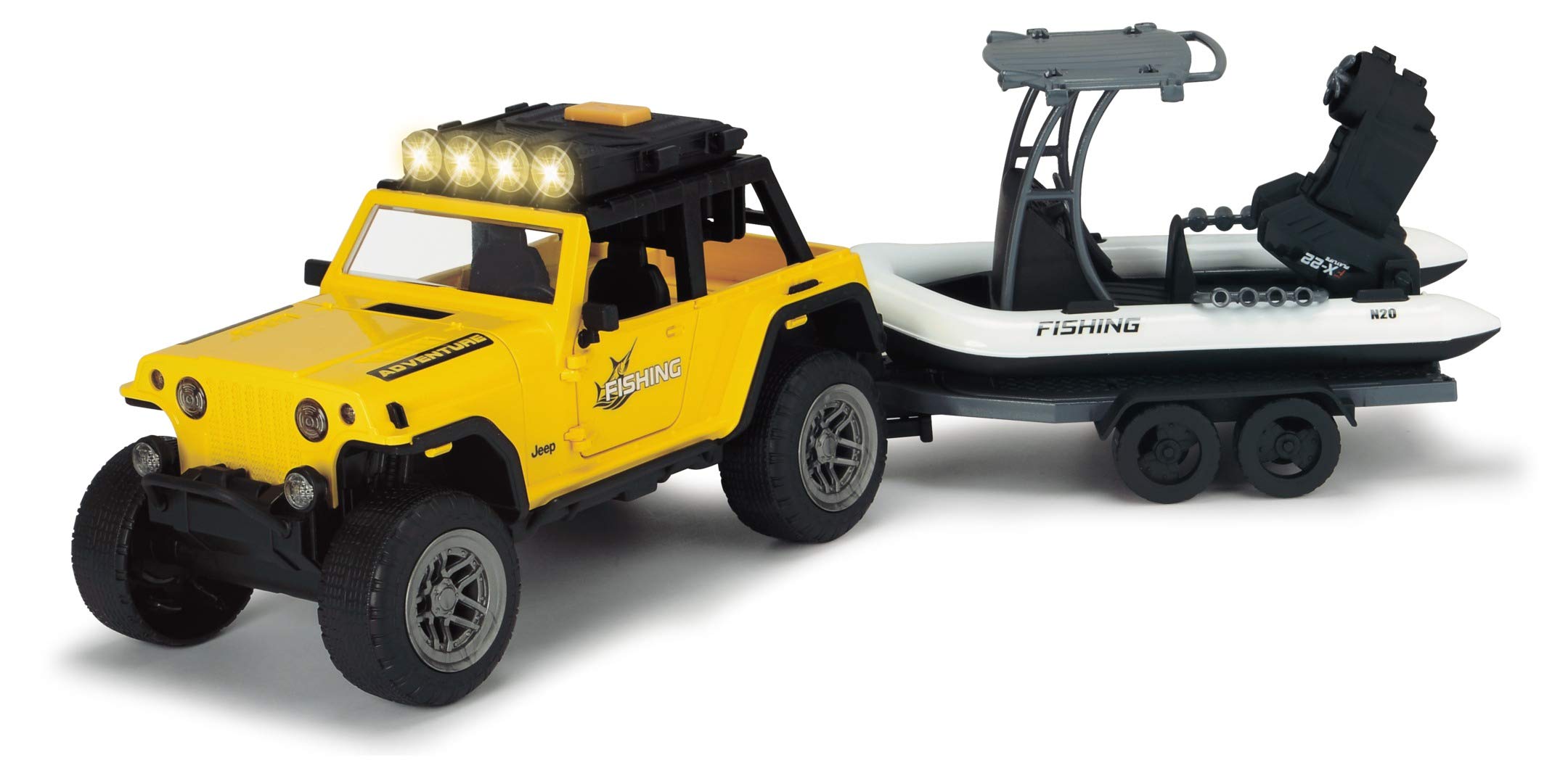 Dickie Playlife Set Pesca con Jeepster Commando con rimorchio, Barca, Personaggio articolato, luci Suoni e Accessori