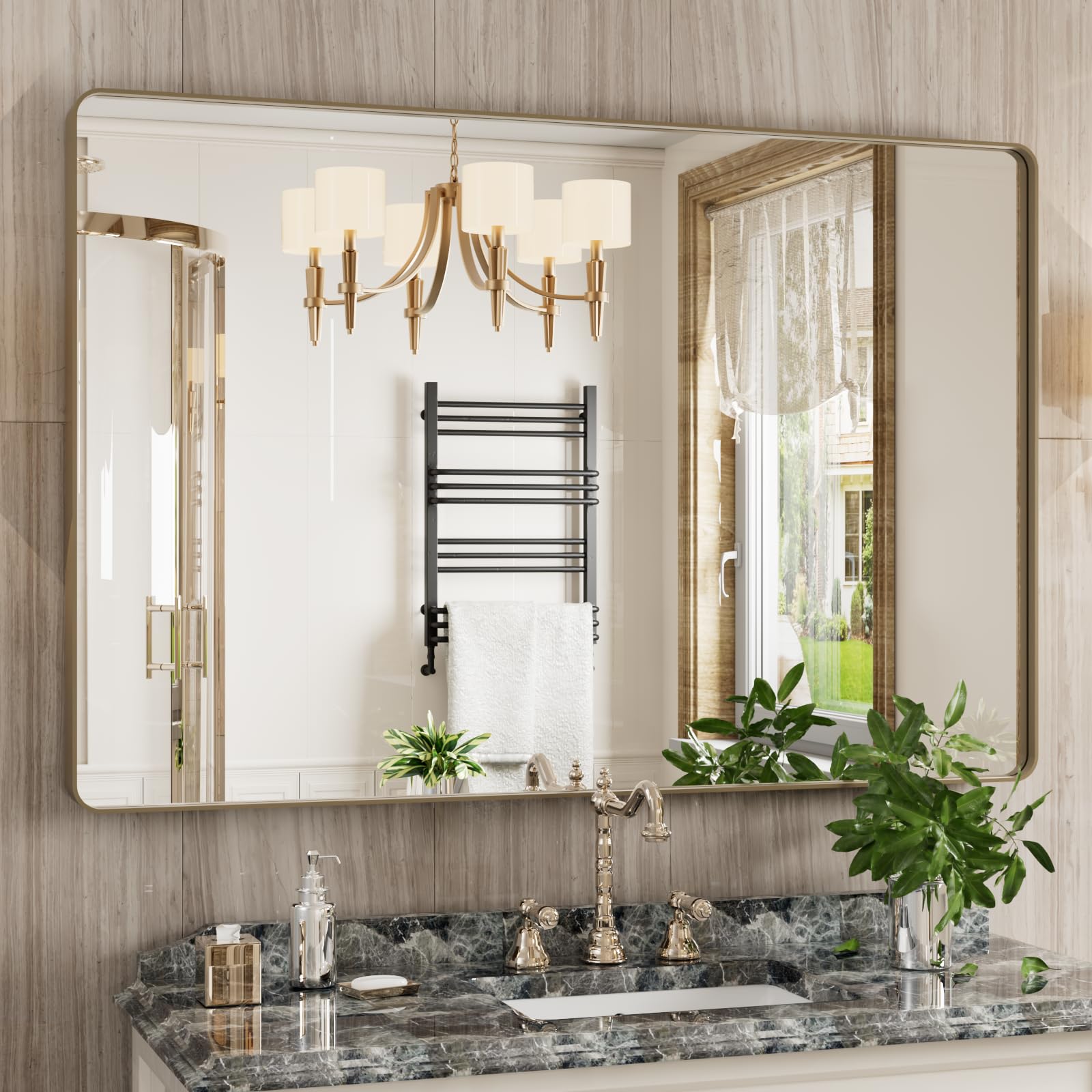 Brushed Bronze Bathroom Mirror Wall Mounted Vanity Mirror with Rounded Corner Metal Framed, Tempered Glass, Anti-Rust(Horizontal/Vertical), 48 x 32 Inch