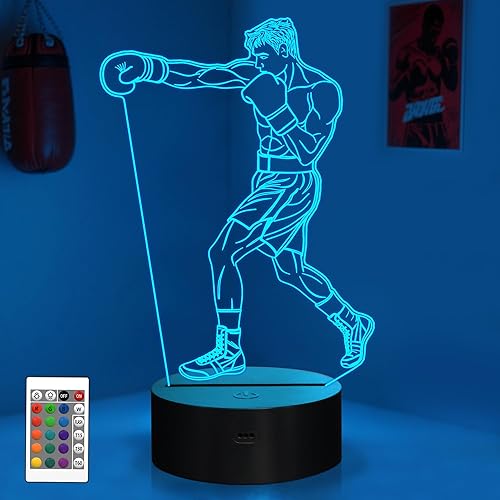 Regalos de boxeo para niños y hombres, lámpara de ilusión de luz nocturna de boxeo 3D con control remoto de 16 colores para boxeador, sala de