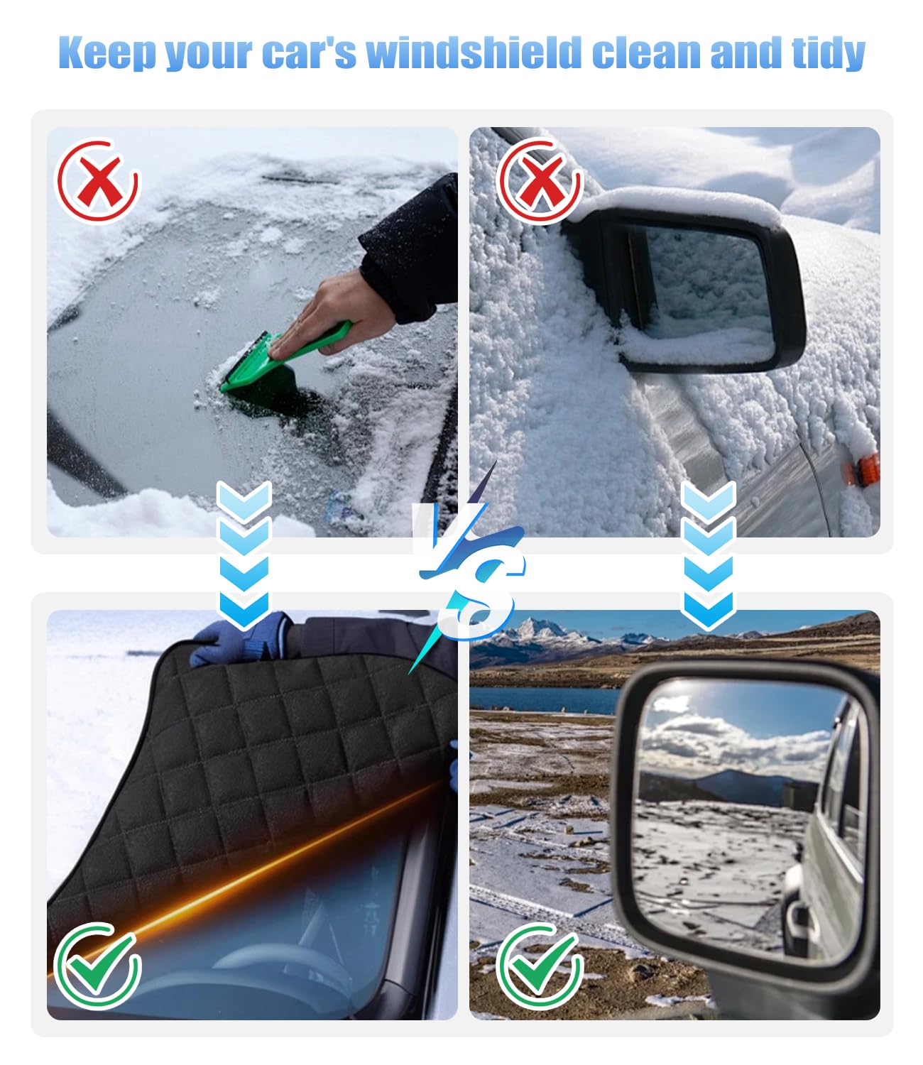 Bache Voiture Dégivreur Pare Brise et Rétroviseurs Latéraux, 5couches Protection Pare Brise Hiver for SUV, Camping-cars, Camionnettes et Camions, Bache Protection Voiture et Sangle D'accrochage