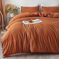 Vista 13 de Juego de funda de edredón verde oliva oscuro tamaño matrimonial, de 3 piezas, estilo rústico bohemio, con pompón y fleco, de microfibra, funda