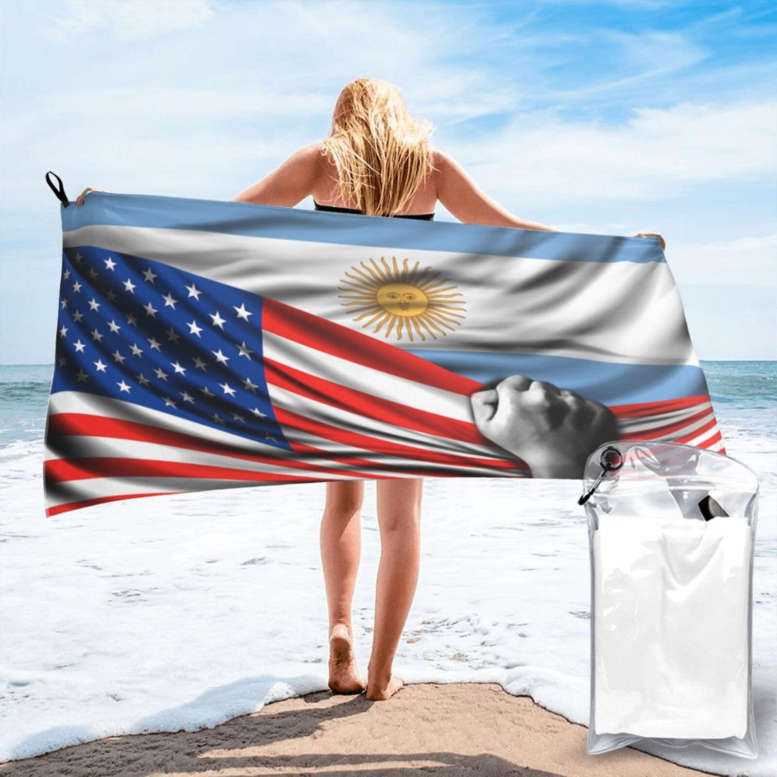 HACXZ Beach Towel America Flag and Argentina Argentinian Microfiber Beach Towel Lightweight Absorbent 31.5"X63"