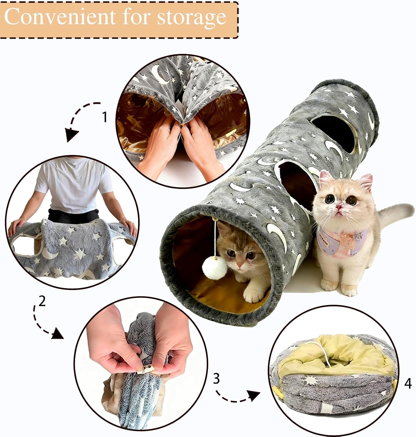 Glow-in-the-Dark Cat Tunnel for Indoor Cats Large Foldable Cat Play Tunnel with Hanging Ball 2 Peepholes Interactive Cat Toy for Kittens Pet Tunnel for Small Dogs Cat Tube for Indoor Cats