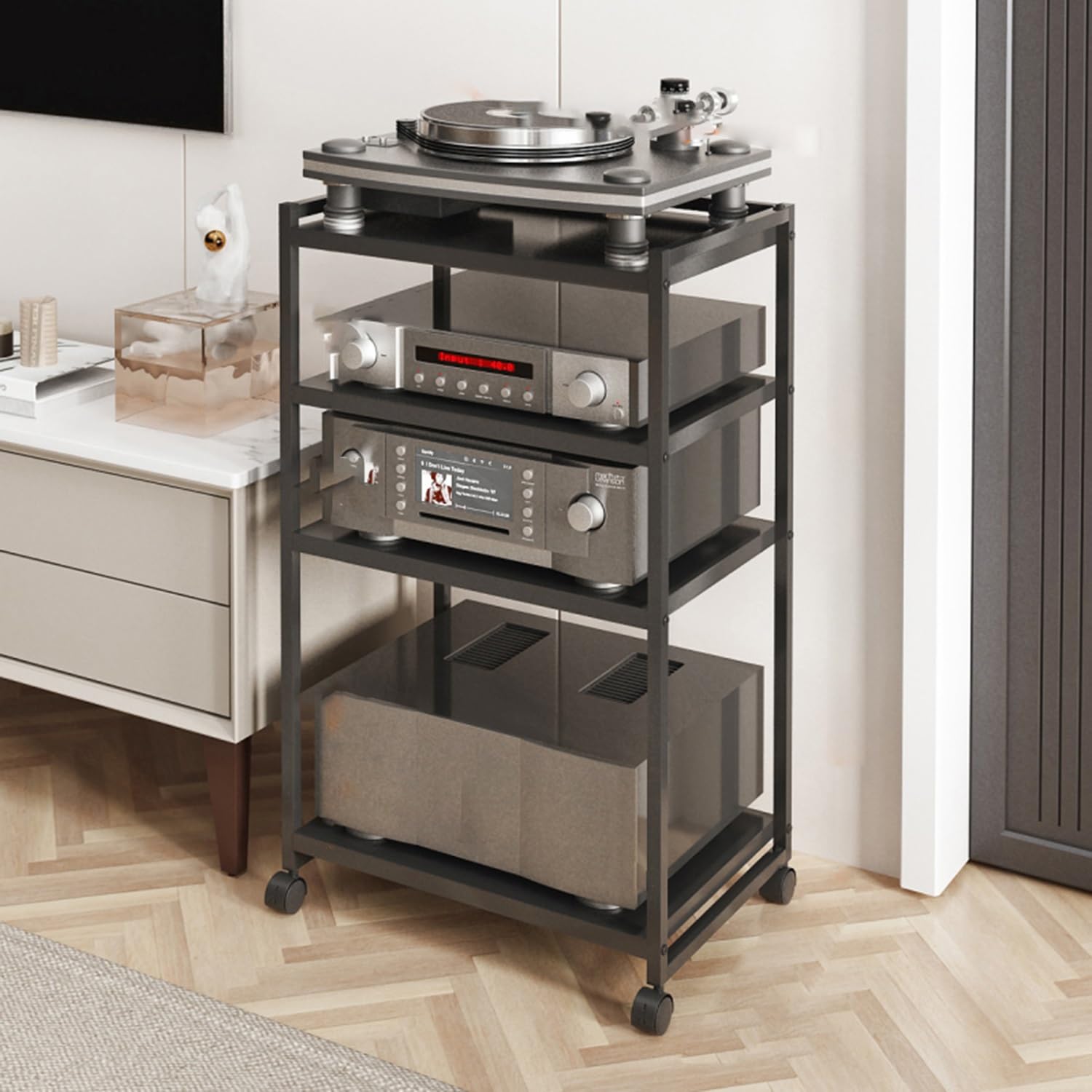 3/4 Livelli Armadio Audio HiFi Rack Rack Audio Mobile con Ruote Universali Audio AV Tower Media Stand Mobile Stereo HiFi Rack HiFi Aperto Multifunzione per Soggiorno Ufficio.(50x35.1x88cm)