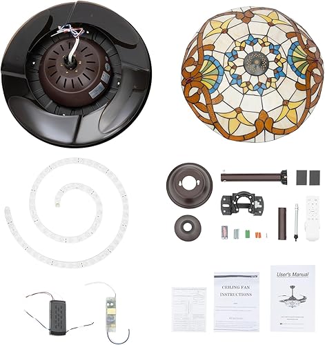 Miniatura 7 de Ventilador de techo invisible de 42 pulgadas, ventilador de techo retro con vitrales, ventilador de techo retráctil con luces y control remoto,