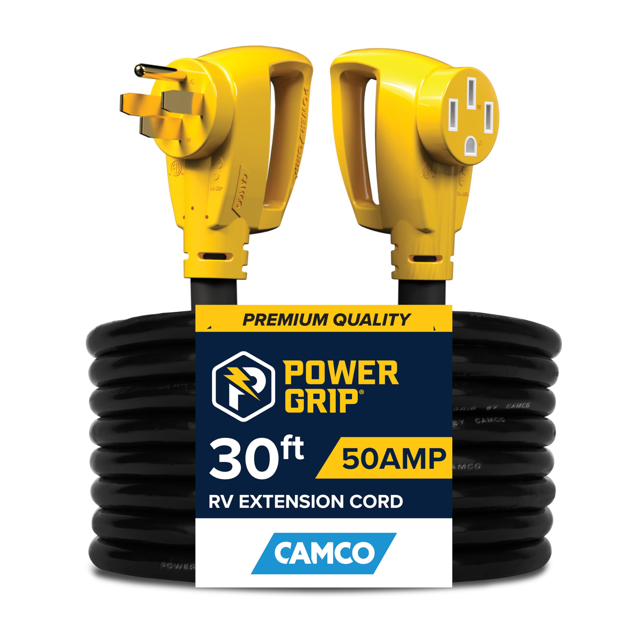 Camco Power Grip 30-Ft 50-Amp Camper/RV Extension Cord - Features Copper 6/3 + 8/1-Gauge Wires for Superior Conductivity - Rated for 125/250 V/12,500 W - Coated w/Heat-Resilient PVC (55195)