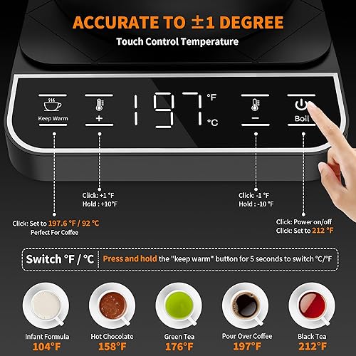 Miniatura 2 de Hervidor eléctrico de cuello de cisne, control de temperatura de ± 1 ℉ con un solo clic y 197 ℉ para café y té, caldera de agua caliente,