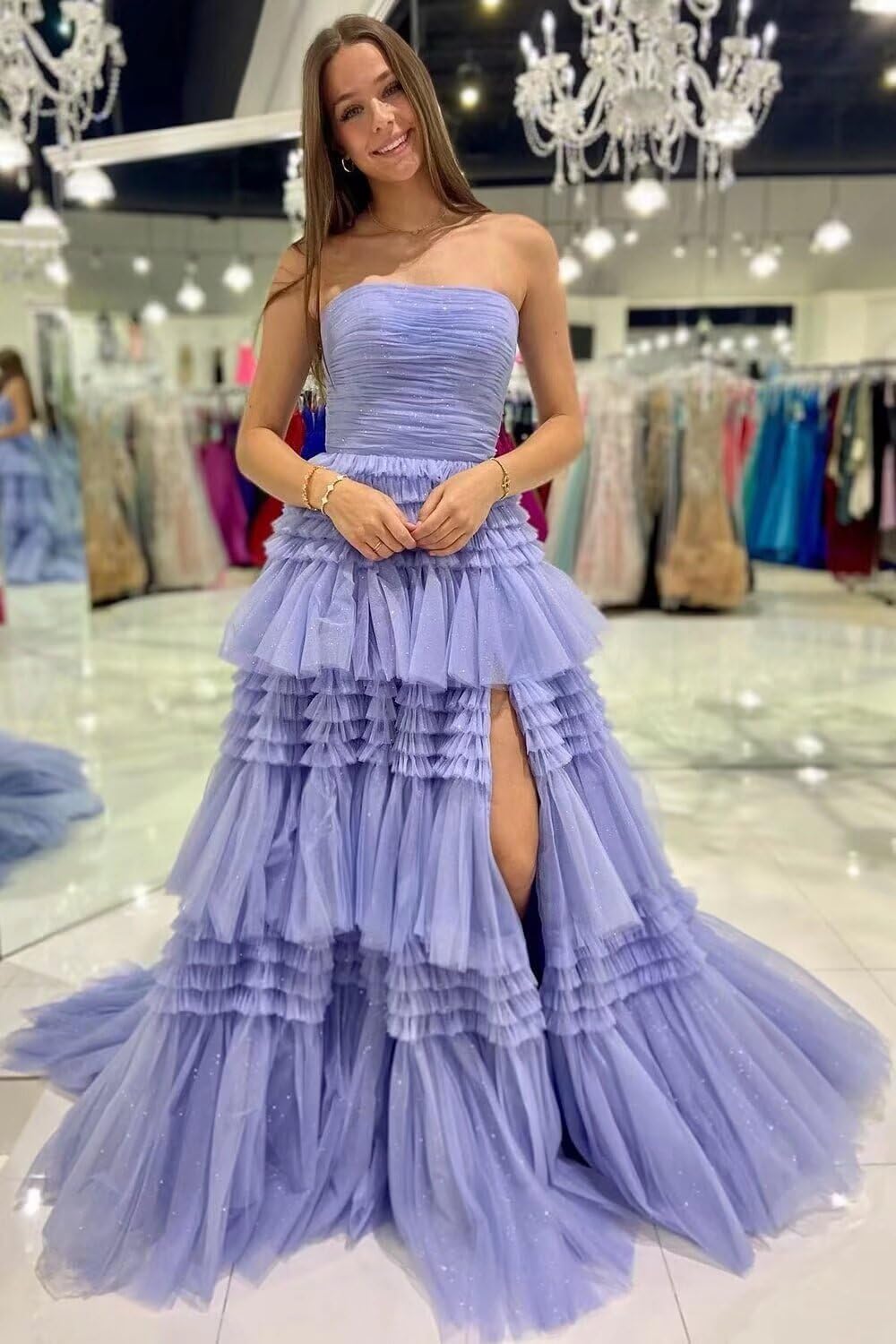 Glitter Tulle Tiered Prom Dresses 2026 Strapless Ball Gowns for Women Formal Ruffle A-Line Evening Gown with Slit