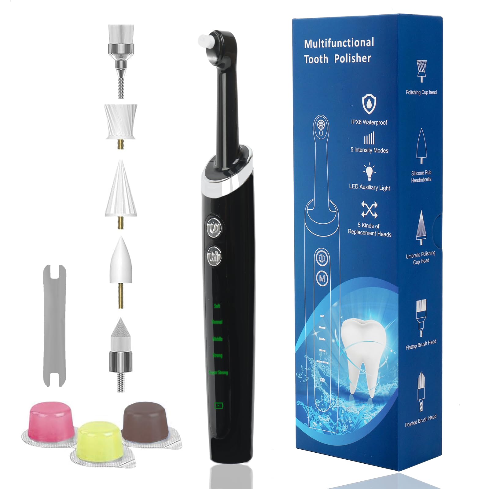 Pulidora Dental, Kit Recargable de Limpieza y Blanqueamiento Dental, Pulidora Dental Eléctrica con 3 Pastas de Pulido, 5 Cabezales, 5 Modos de Velocidad, Luz LED