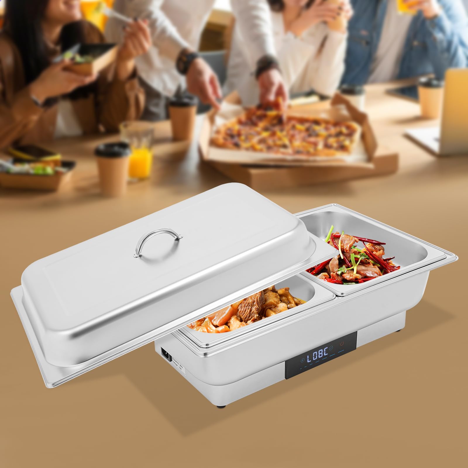 Calentador de buffet eléctrico, calentador de alimentos, buffet Chafing Dish, acero inoxidable, con control de temperatura para catering y buffet, 600 W, 9 l, para platos fríos y calientes