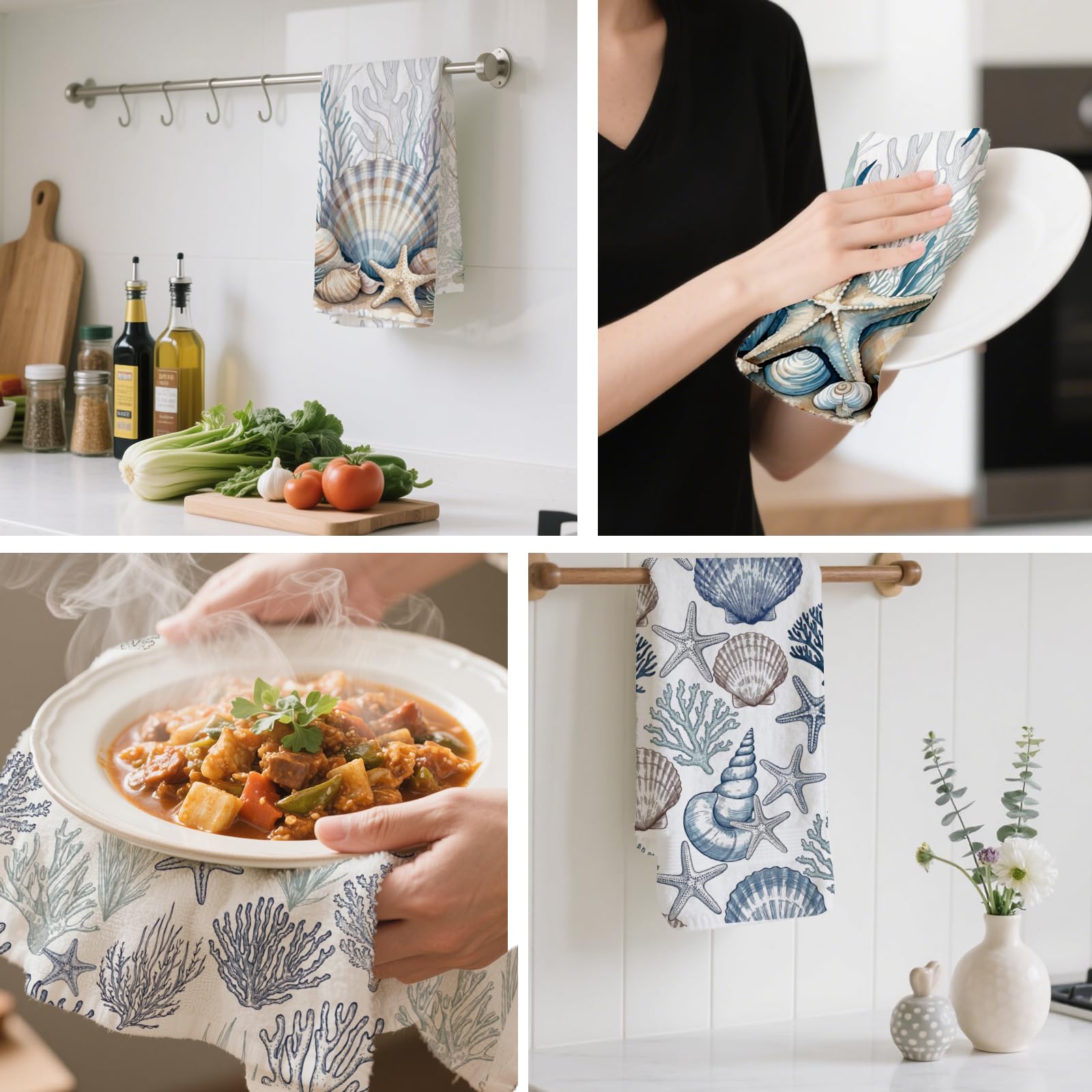 CUTHOLLOW 4er-Set Geschirrtücher mit Muscheln und Koralle mit Seestern Motiv - Weich & Saugfähig - Deko Trockentuch Microfaser für Küche, Tee, Kaffee, Bar, Zuhause, Geschenk zur Einweihung, Geburtstag