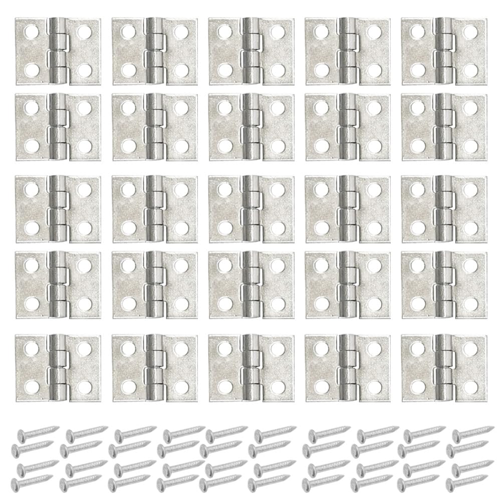 Yosawo 50 Pcs Antique Mini Brass Hinges Miniature Furniture Cabinet Hinges for DIY Wooden Jewelry Box, Doll Houses, Tool Box（Silver）