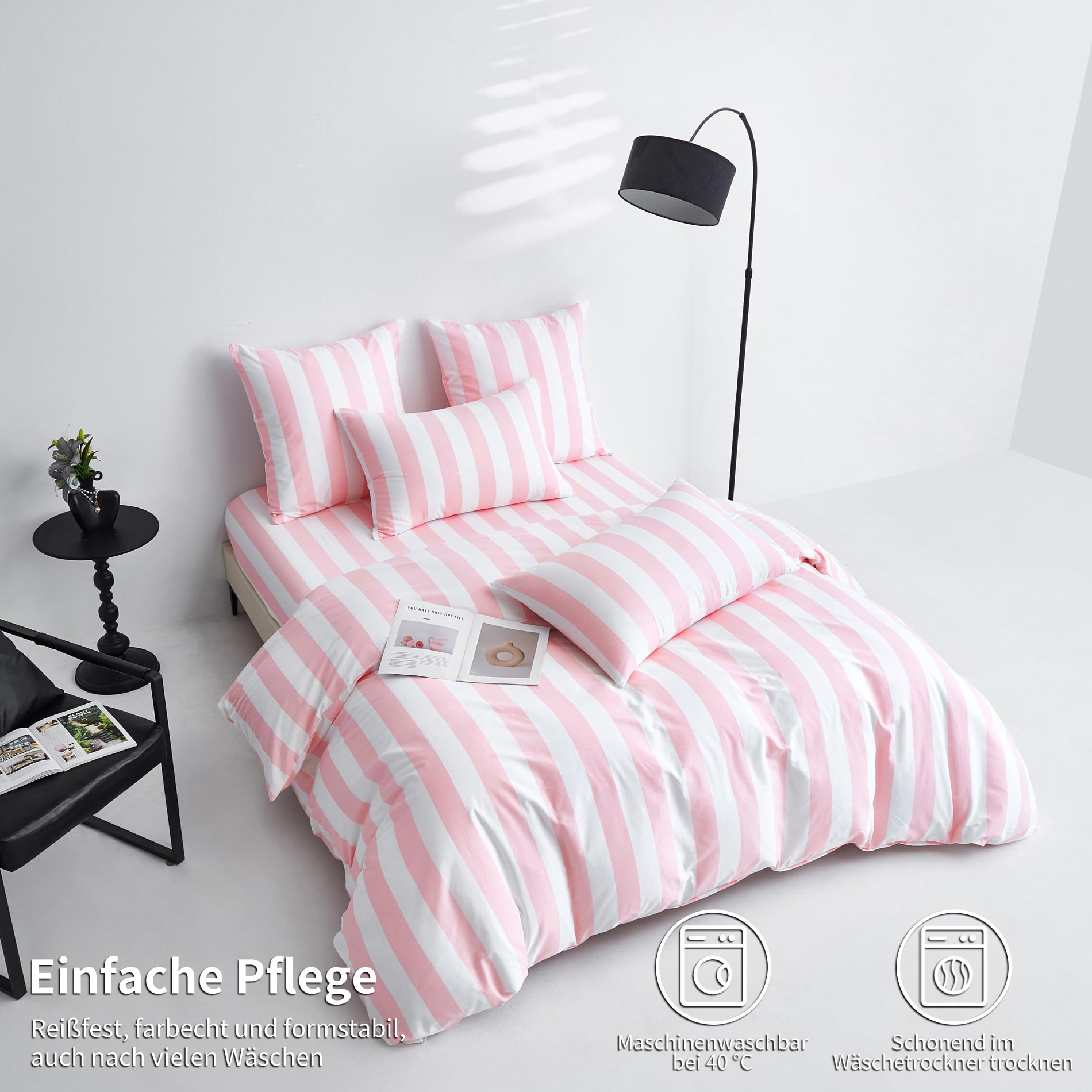 Bettwäsche 200x200 Baumwolle Rosa Weiß Gestreift Bettwäsche Baumwolle Weich Atmungsaktiv Kuschelige Bettbezug Set 3 Teilig mit Reißverschluss und 2 Kissenbezüge 80x80 cm