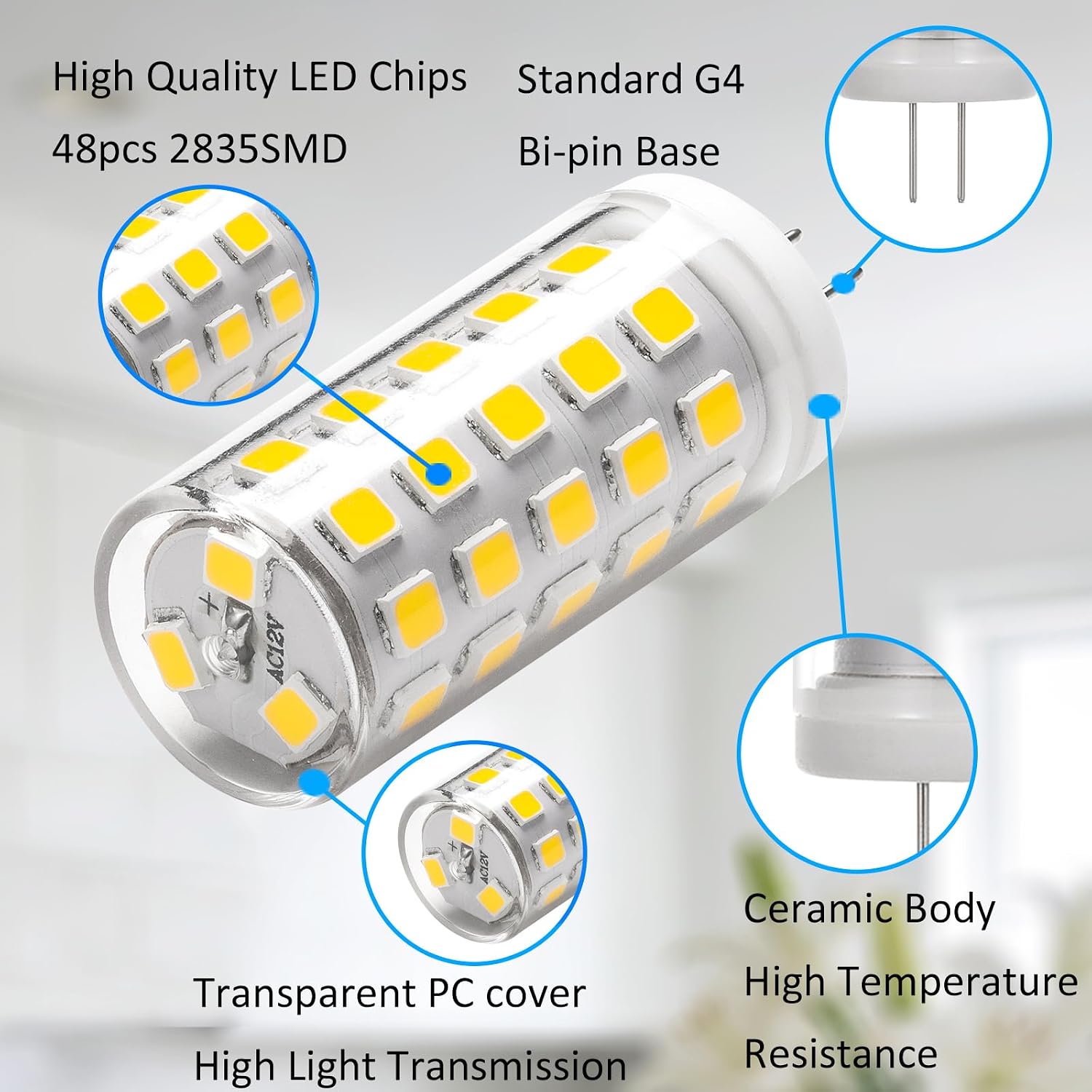10 Pack G4 LED Bulb 12V 4W 480LM 5000K Daylight White 360° Beam Angle G4 Bi-Pin Bulb Ceramic Base 40W T3 Halogen Replacement for Chandelier Cabinet Landscape Lighting