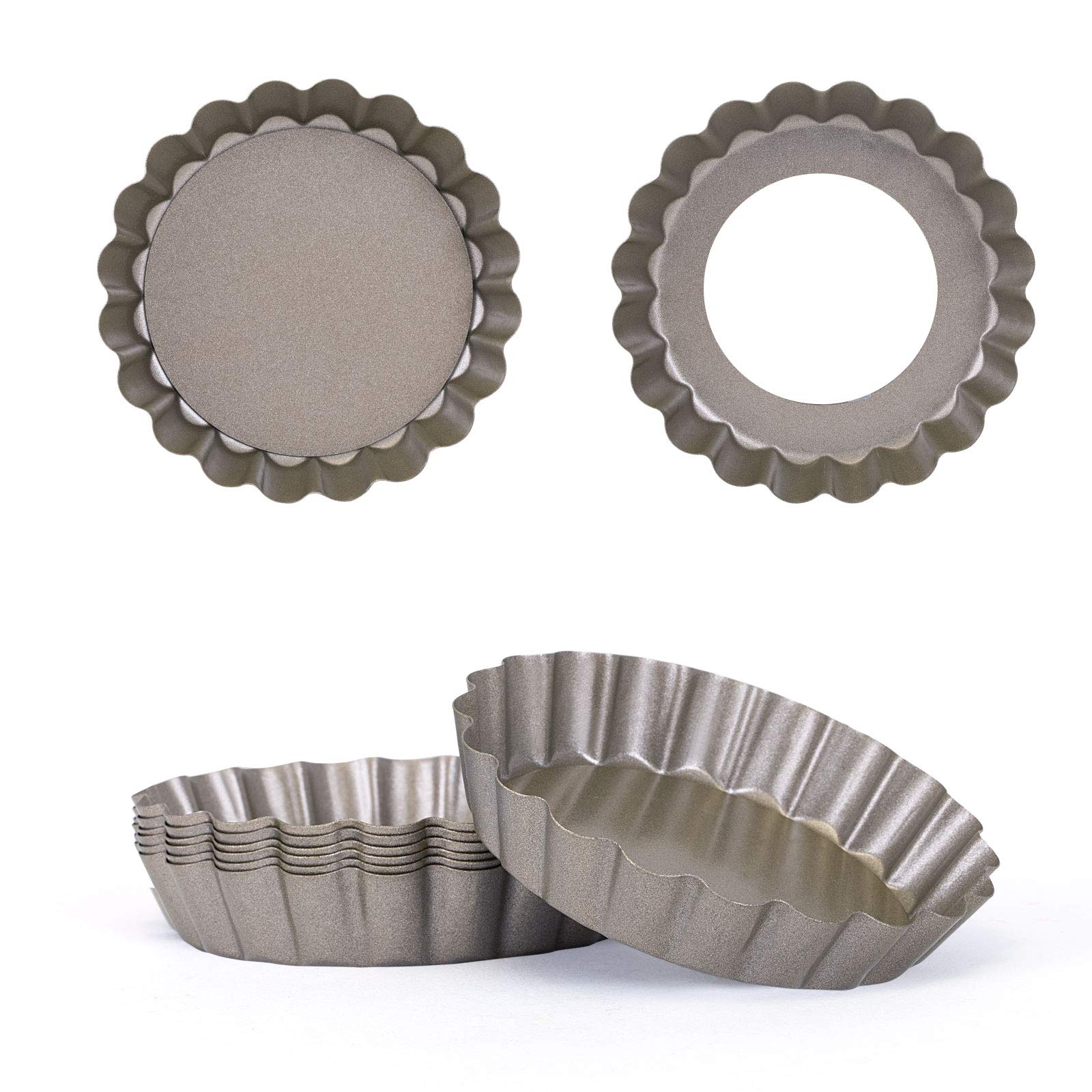 LIHAO 6 Pack Mini Tart Pan 4 Inch Non-Stick Quiche Pans Round Quiche Bakeware with Removable Loose Base with 20 PCS Lace Baking Paper (Champagne Gold)