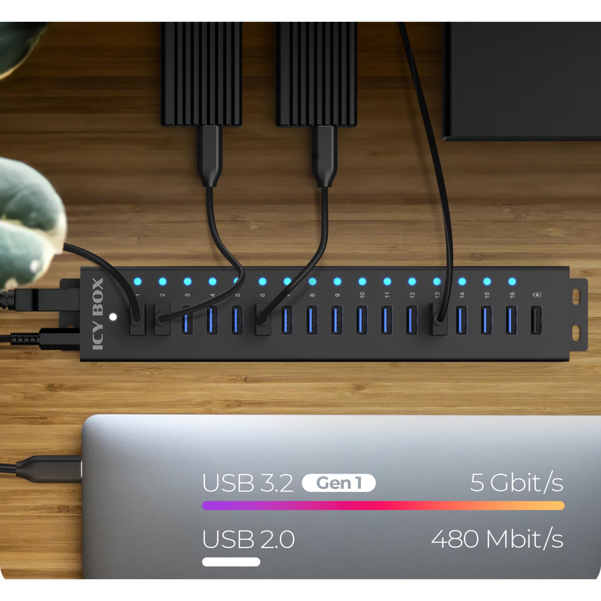 ICY Box Hub USB (17 Ports) 16 Ports USB & 1 Charge USB, USB 3.2 Gen 1 (5 Gbit/s par Port), avec Bloc d'alimentation 96 W, USB-A, Aluminium, IB-HUB1717-U3