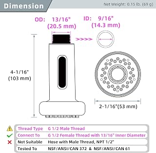 AngleSimple Kitchen Sink Sprayer Replacement Head - 13/16" Male Thread, Brushed Nickel, Stream & Spray Modes, NSF Certified