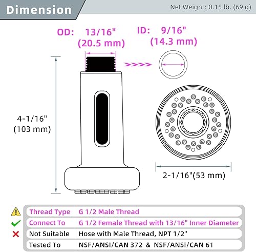 Angle Simple Reemplazo del rociador para fregadero de cocina, rosca macho tipo G 1/2 o 13/16 pulgadas, prueba NSF/ANSI/CAN 61 y 372, accesorio de