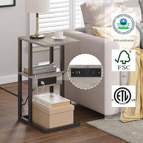 Miniatura 22 de TUTOTAK Mesa auxiliar en forma de C con estación de carga, juego de 2, bandeja de sofá TV con 2 puertos USB y tomas, mesa auxiliar de sofá para Gris