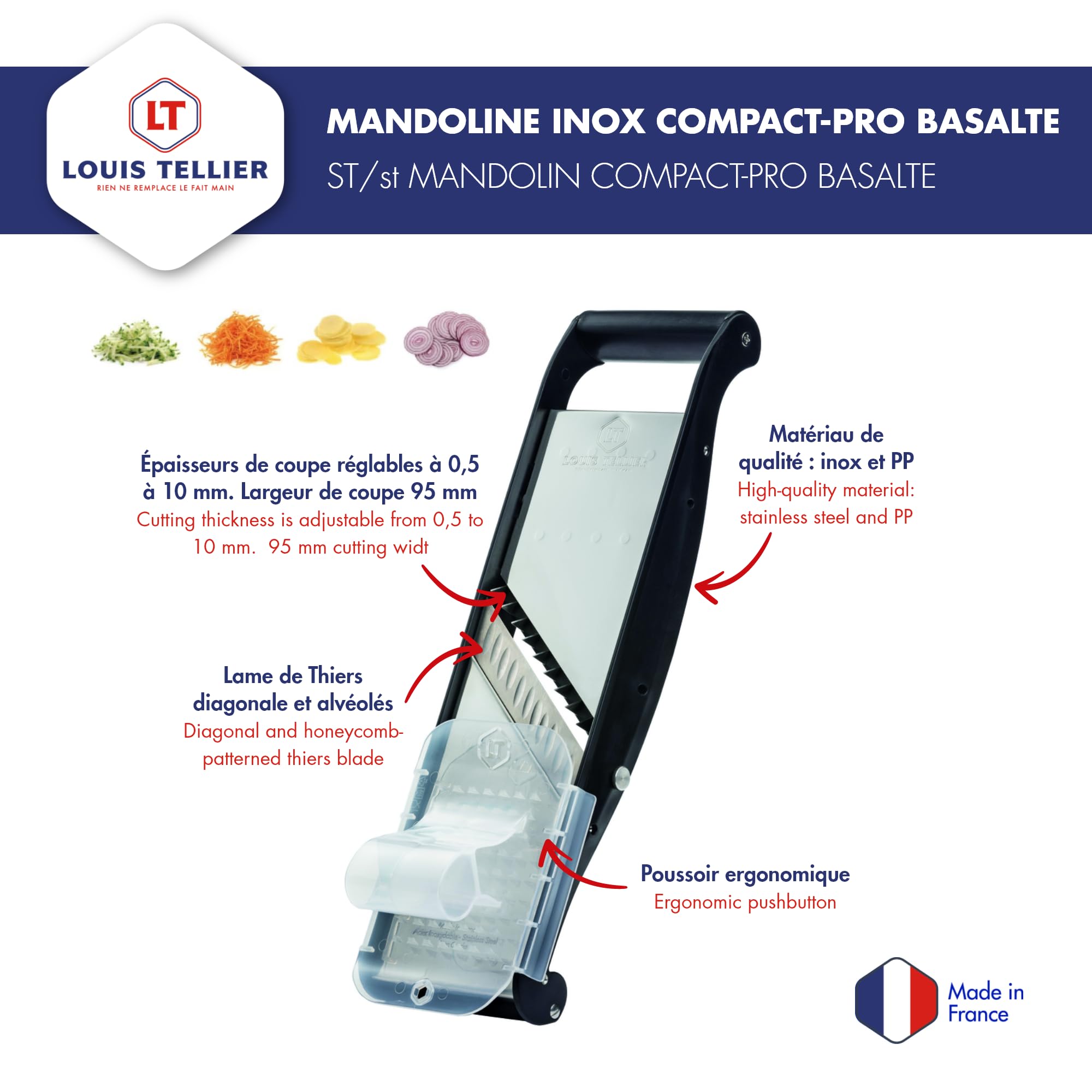 LOUIS TELLIER | Profi-Gemüsehobel aus Edelstahl Compact-Pro Basalt mit Ergonomischem Schieber | Obst- und Gemüseschneider und Frites und Juliennes | Dicke verstellbar | Made in France