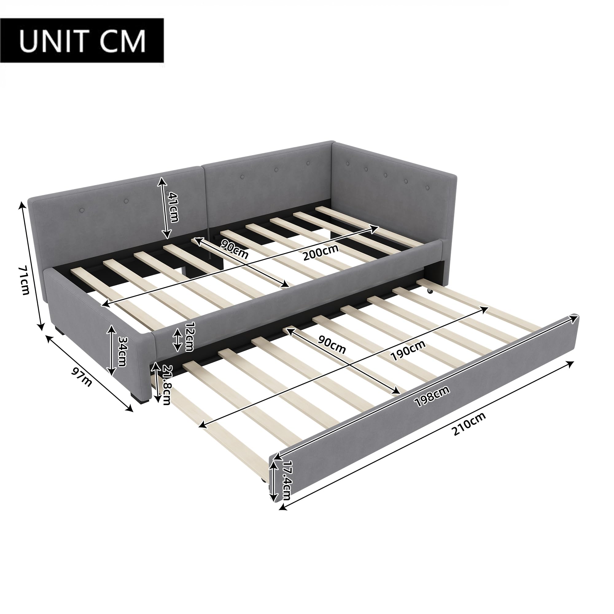 Daybett 90X200cm, Tagesbett mit Rollbett, Schlafsofa, Einzelbett (Ohne Matratze), Minimalistisches Styling (Grau)