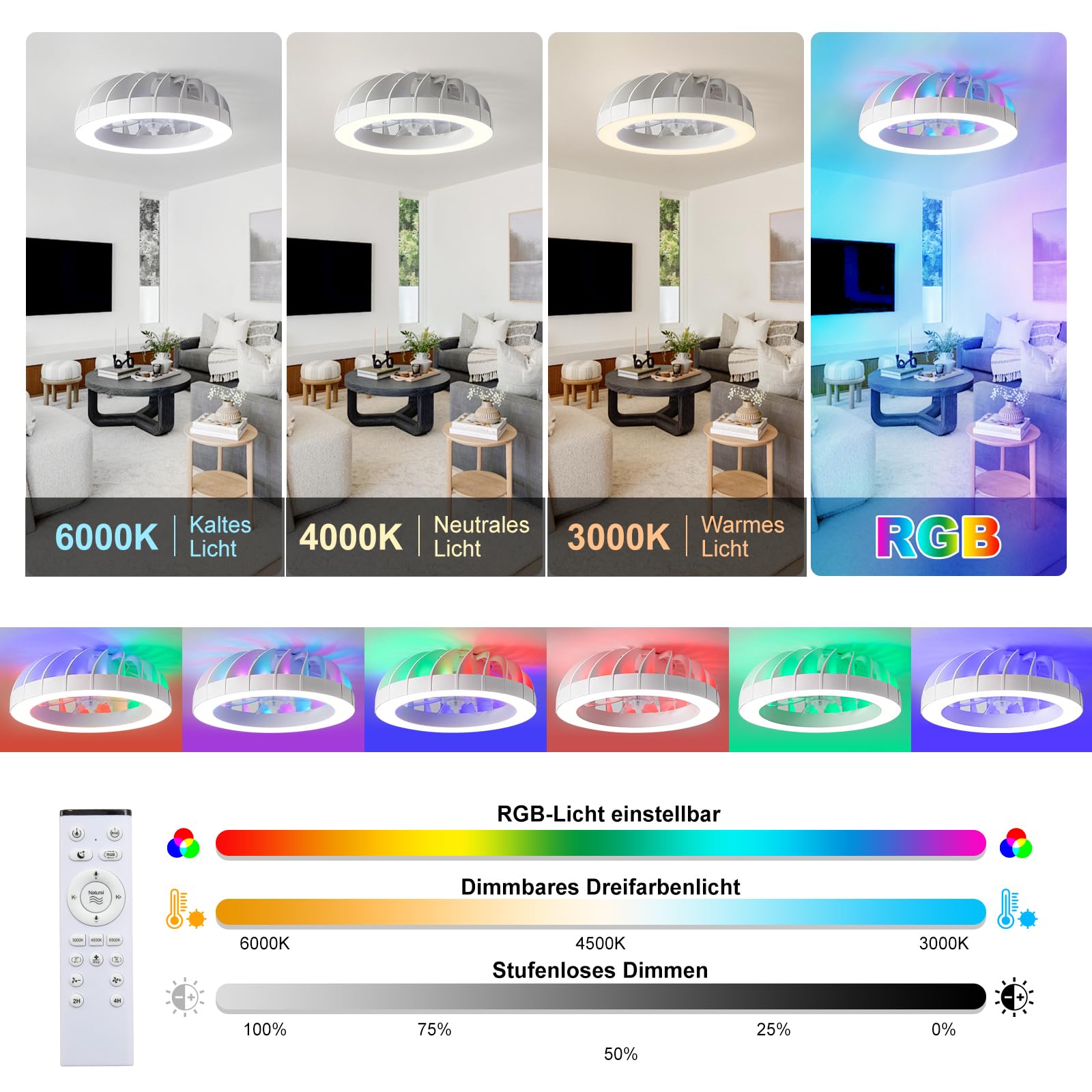 RGB Deckenventilator mit Beleuchtung, 6 Windstufen | Ø50CM RGB Deckenventilator mit Licht und Fernbedienung, Dimmbar Deckenleuchte mit Ventilator Leise, Wohn