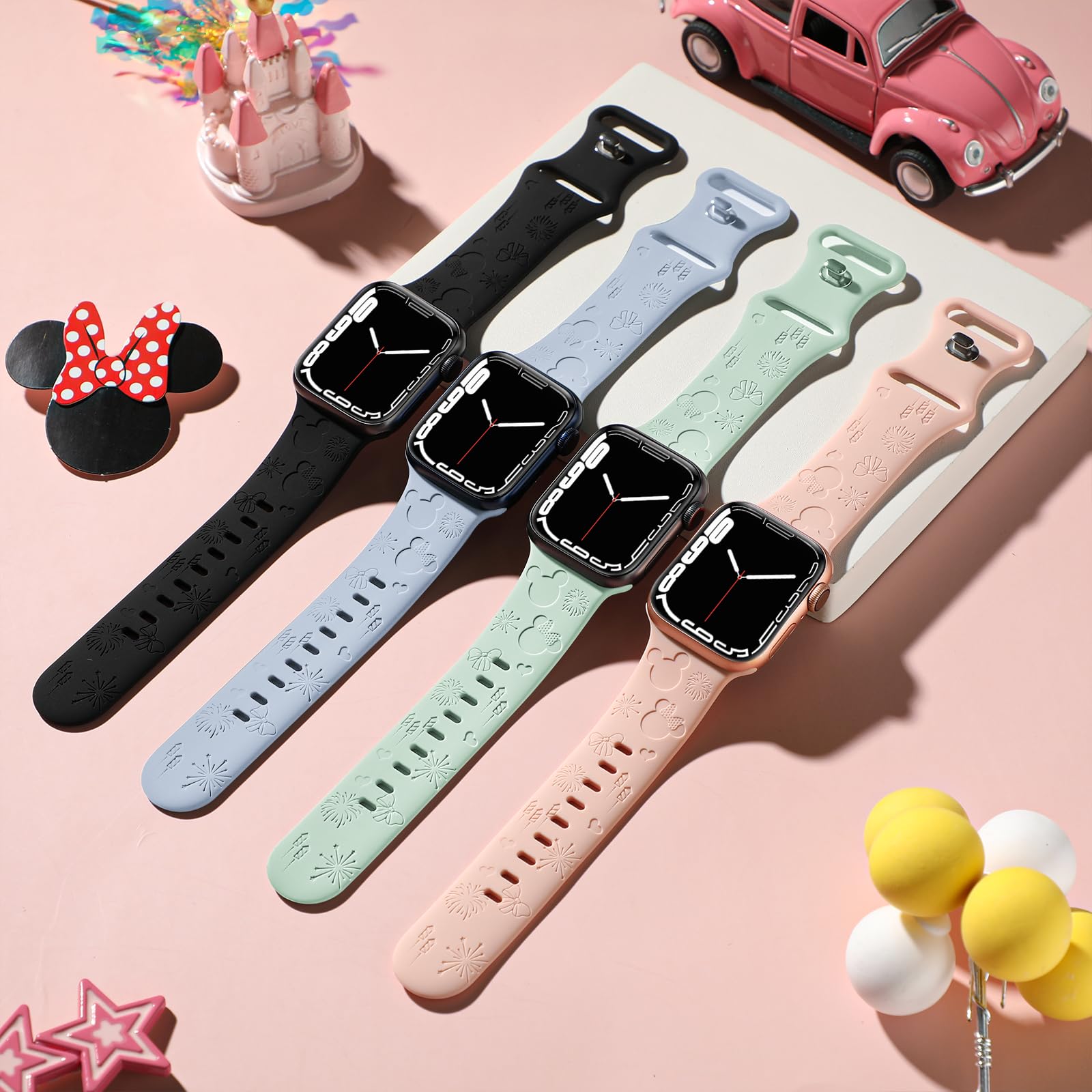 Lot de 4 bracelets en silicone gravés compatibles avec Apple Watch - 40 mm, 38 mm, 41 mm, 42 mm, 44 mm, 45 mm, 49 mm - Bracelets de rechange pour iWatch SE Series 99 8 7 6 5 4 3 2 1