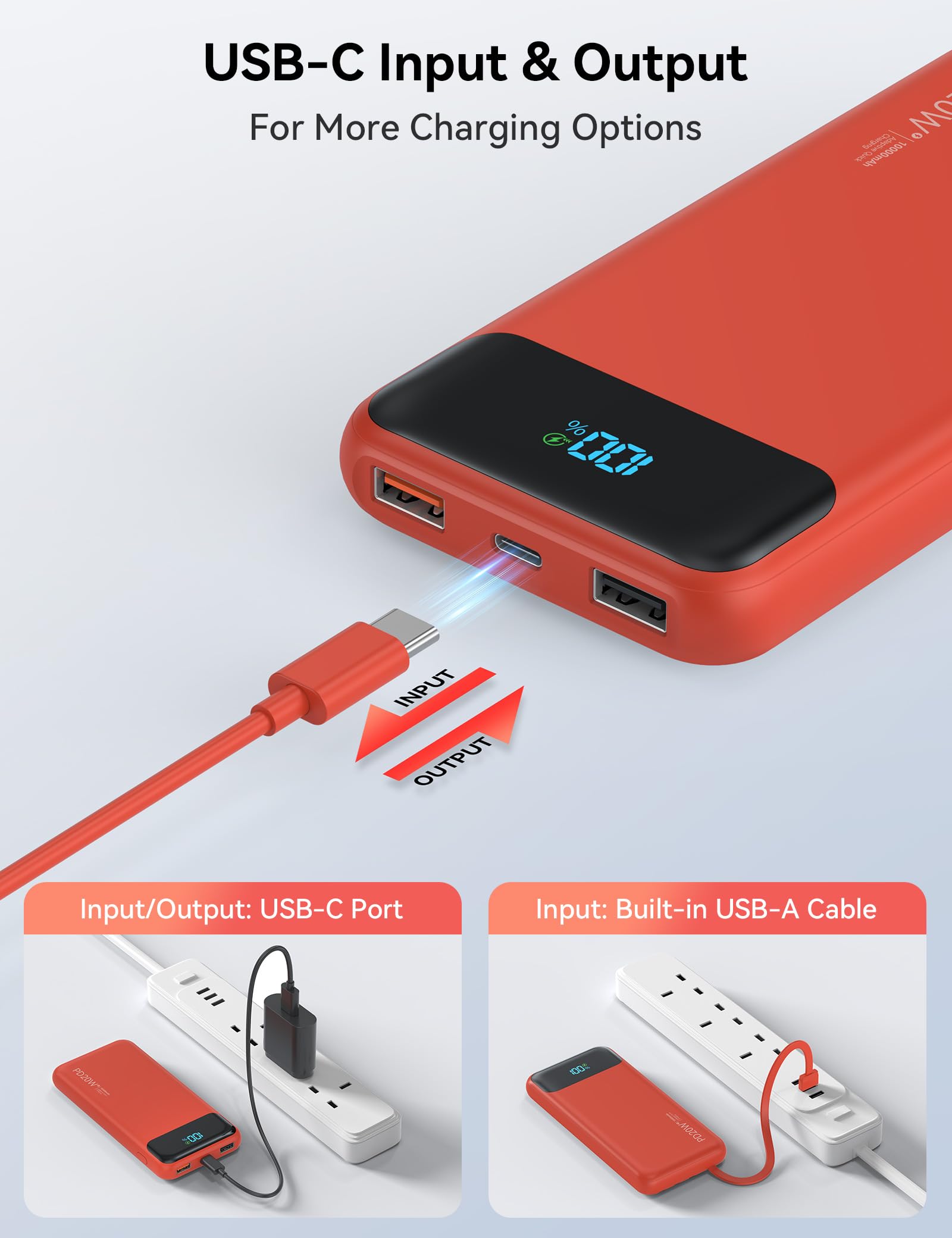 Caricabatterie portatile da 10000 mAh integrato con 4 cavi, ricarica rapida USB C Power Bank da 22,5 W, batteria a 6 uscite, caricabatterie per telefono essenziale da viaggio con display a LED