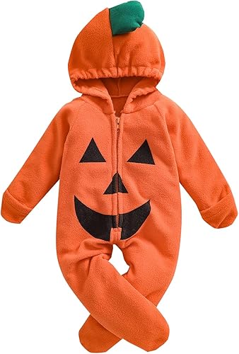 Louatui Mameluco de manga larga con capucha para bebés, niños y niñas, disfraz de calabaza de Halloween