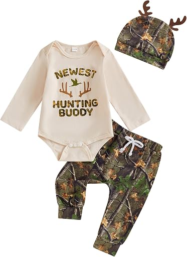 GOOCHEER Newborn Baby Boy Clothes Hunting Long Sleeve Romper Shirt Tops Pants Fall Winter Outfits Hat Set