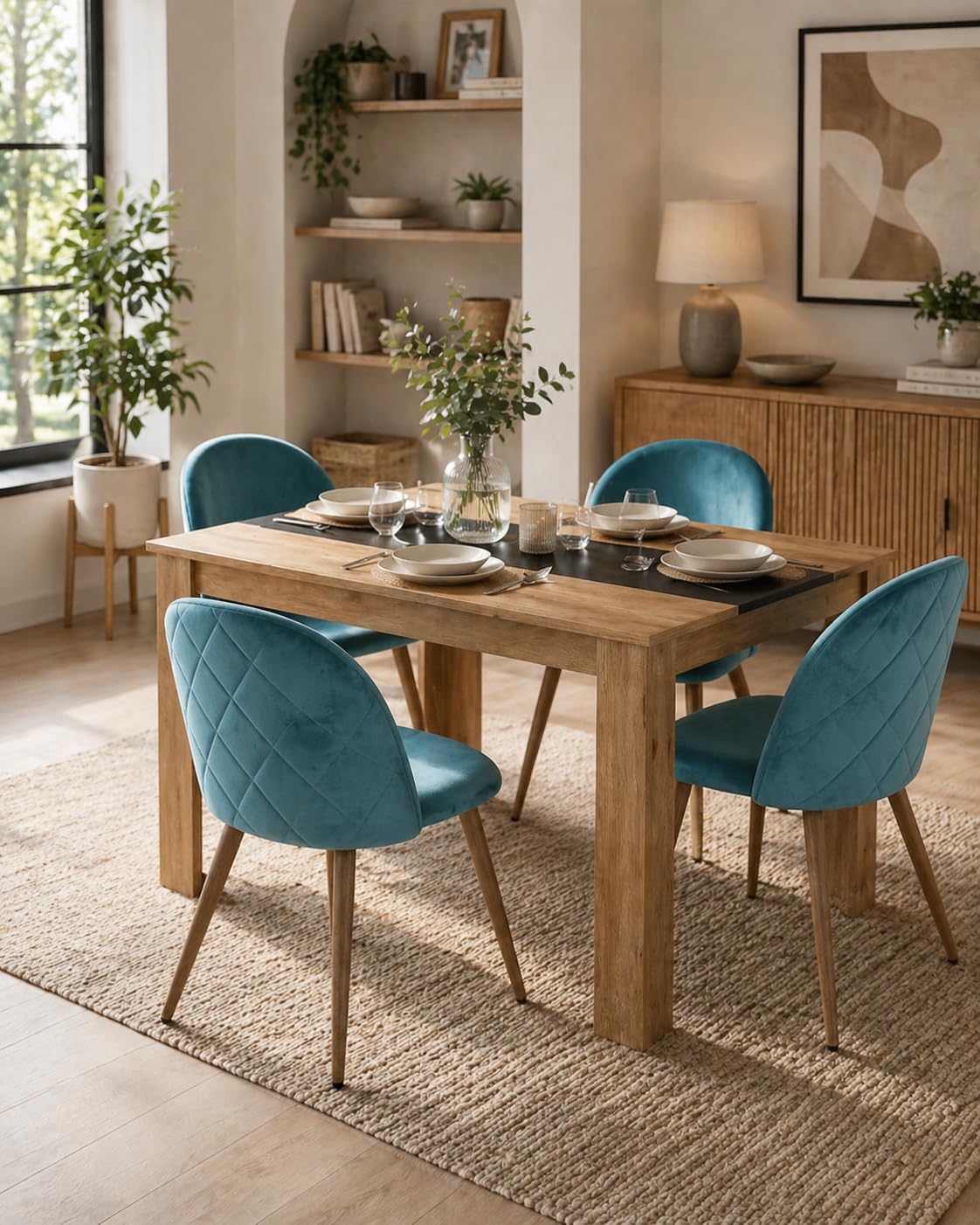 Esszimmerstühle 4er Set Essstühle mit Samtbezug Polsterstuhl Küchenstühle mit Holzoptik Beinen Moderne Stühle Esszimmer für Küche Wohnzimmer Esstisch Aqua