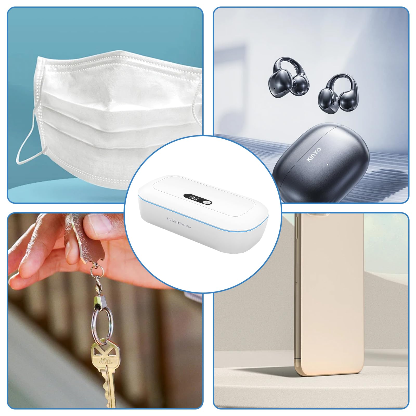 Disinfettante UV per cellulare in ABS: scatola disinfettante UV con display digitale, alimentazione tramite USB, sterilizzatore per unghie, con 2 contagocce per cellulare, maschere, occhiali