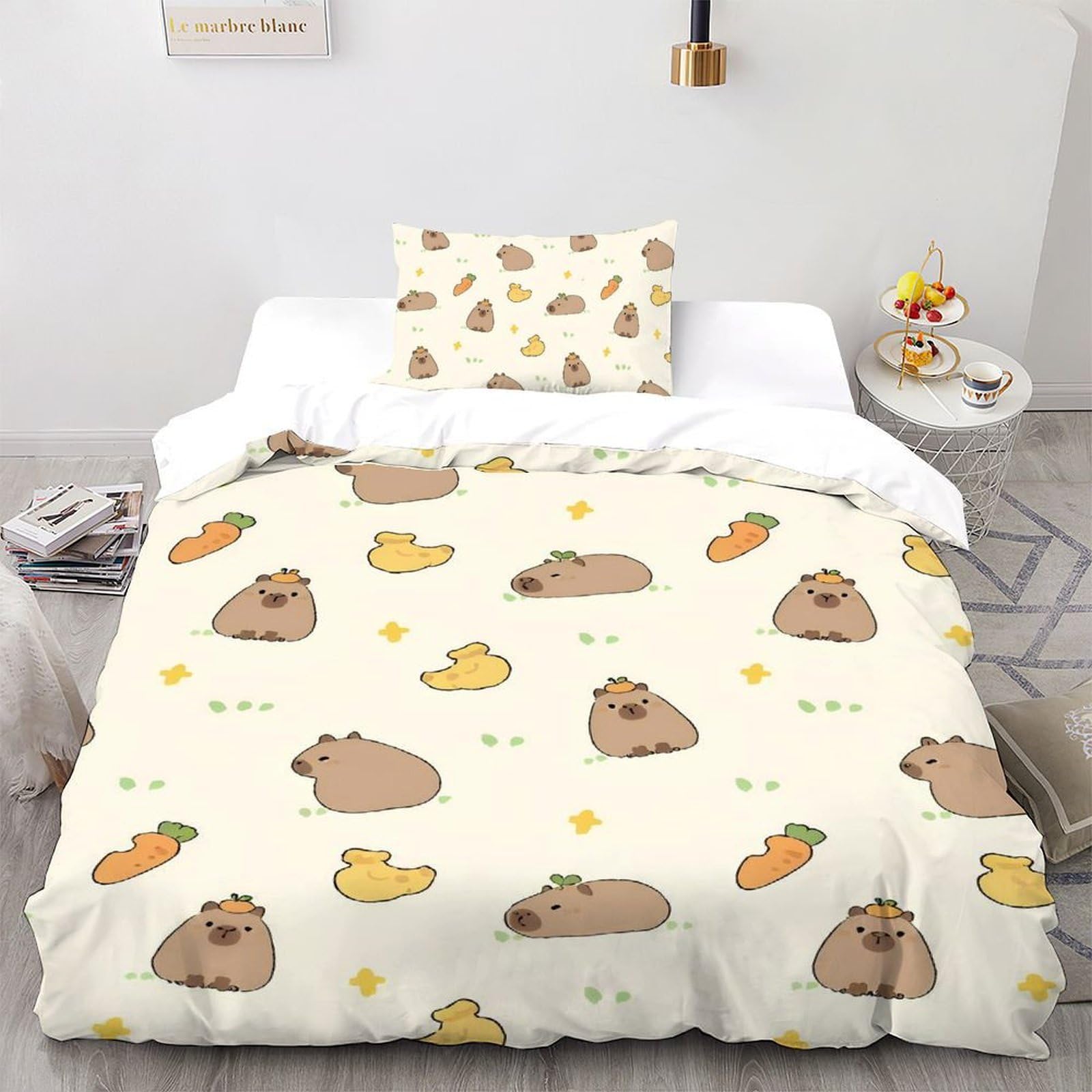 SHOVERKD 3D Printed Capybara Pattern Quilt Cover Cute Animal Bedding Set 2Pcs Soft Microfiber with Pillowcases,Hidden Zipper for Kid Teens Single（135x200cm） Modern Home Decor