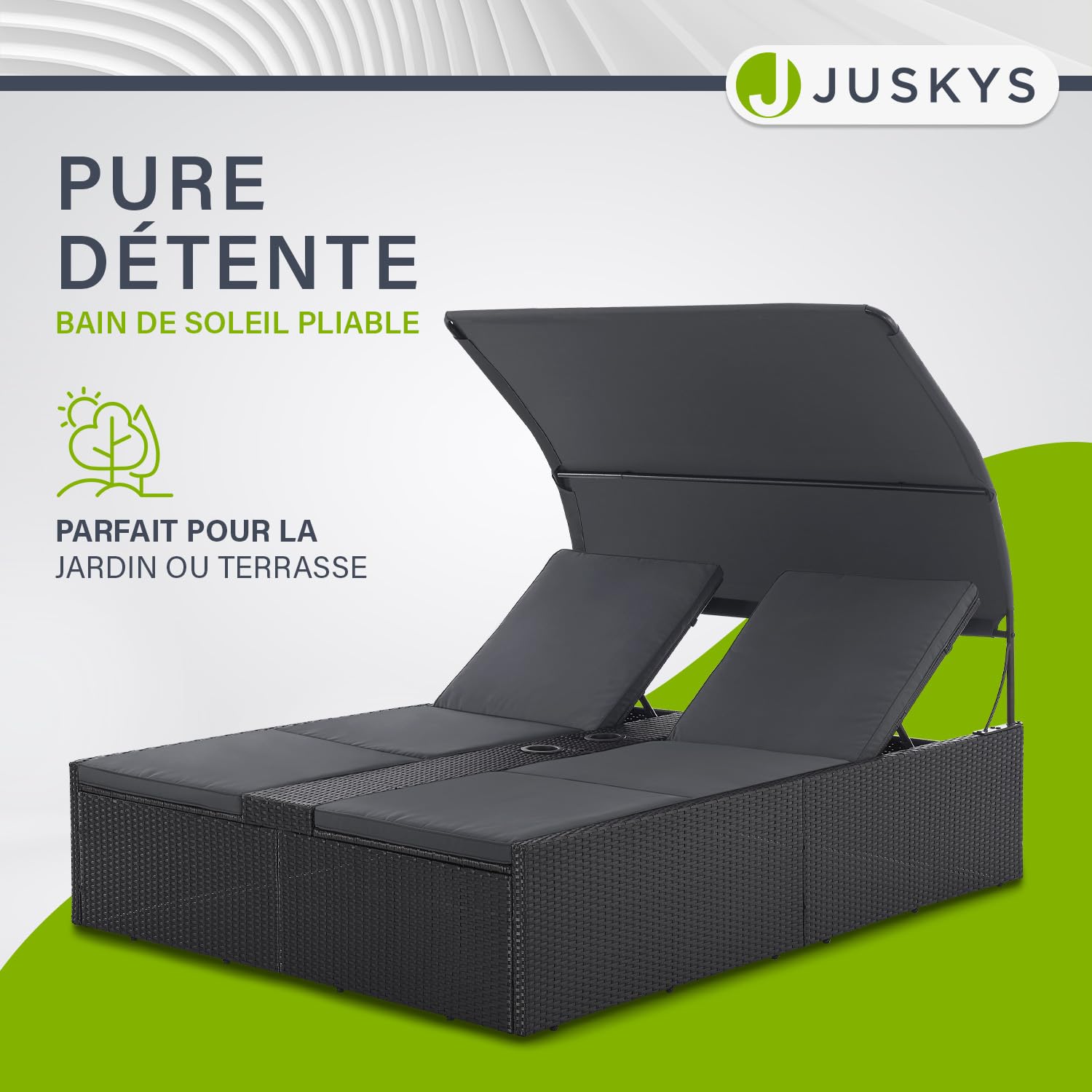 Juskys Chaise Longue Double en polyrotin Syros - Transat de Jardin pour 2 Personnes - Chaise d'extérieur avec auvent et Coussins - Appuie-tête réglable - Noir