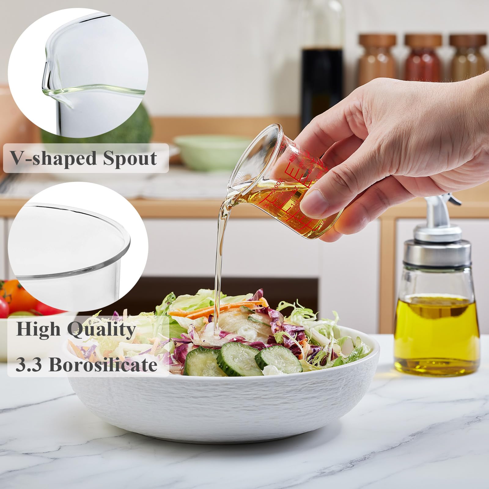Vaso medidor de vidrio de borosilicato alto, boquilla en forma de V, vaso medidor de vidrio para cocina o restaurante, fácil de leer, 60 ml, paquete de 2