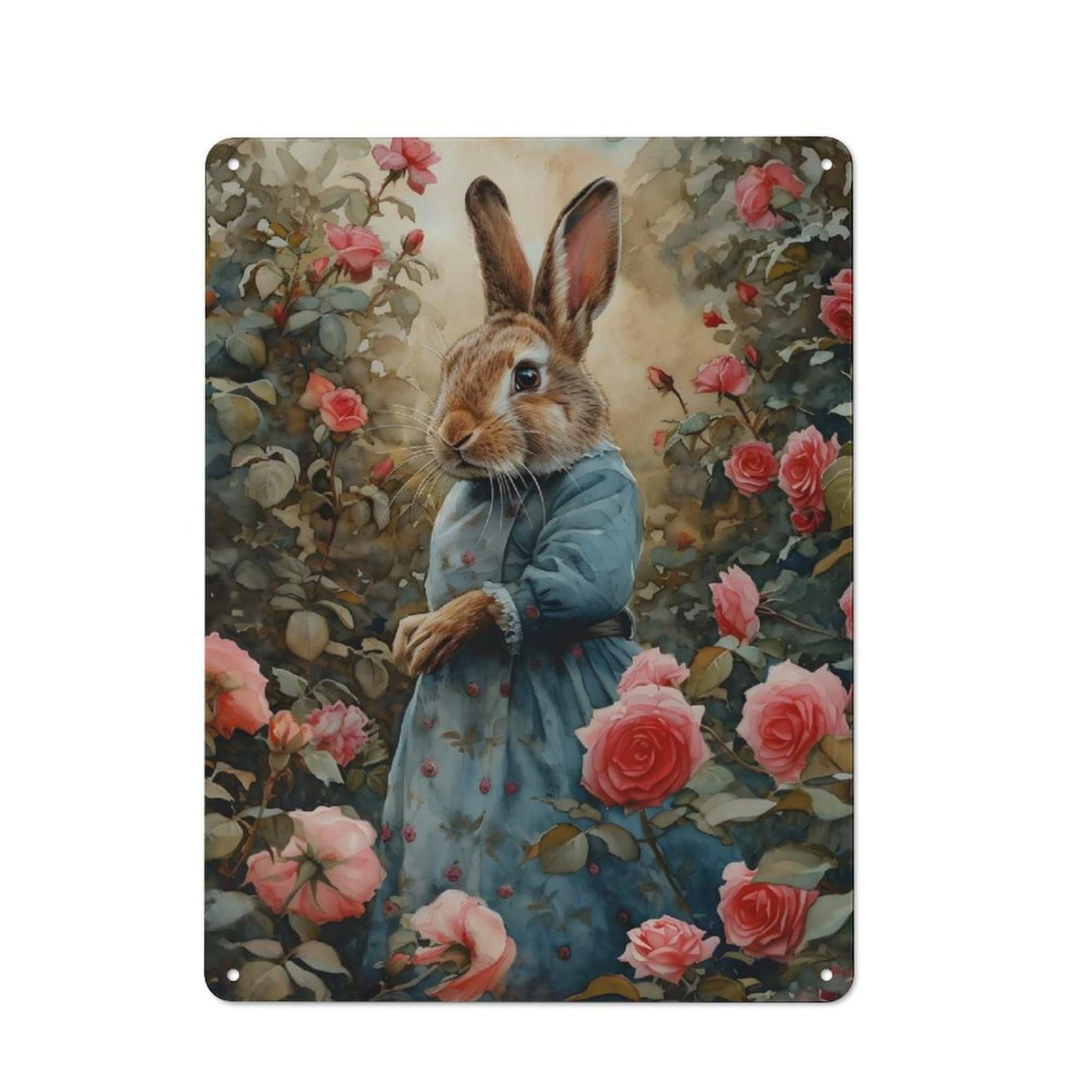 Junmoney Mrs. Rabbit In A Rose Garden Tin Sign With Design 40X30cm, Outdoor Room Porch Wall Decor For Greenhouse, Garden Room, Cafe Or Entryway