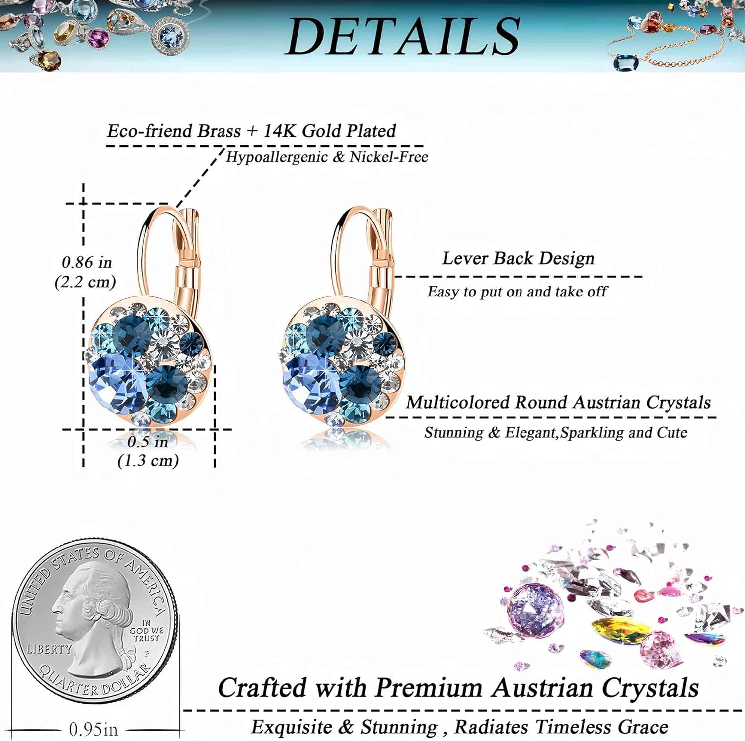 Multicolored Austrian Crystal Leverback Earrings for Women 14K Gold Plated Dangle Hoop Earrings Hypoallergenic Jewelry - Image 4