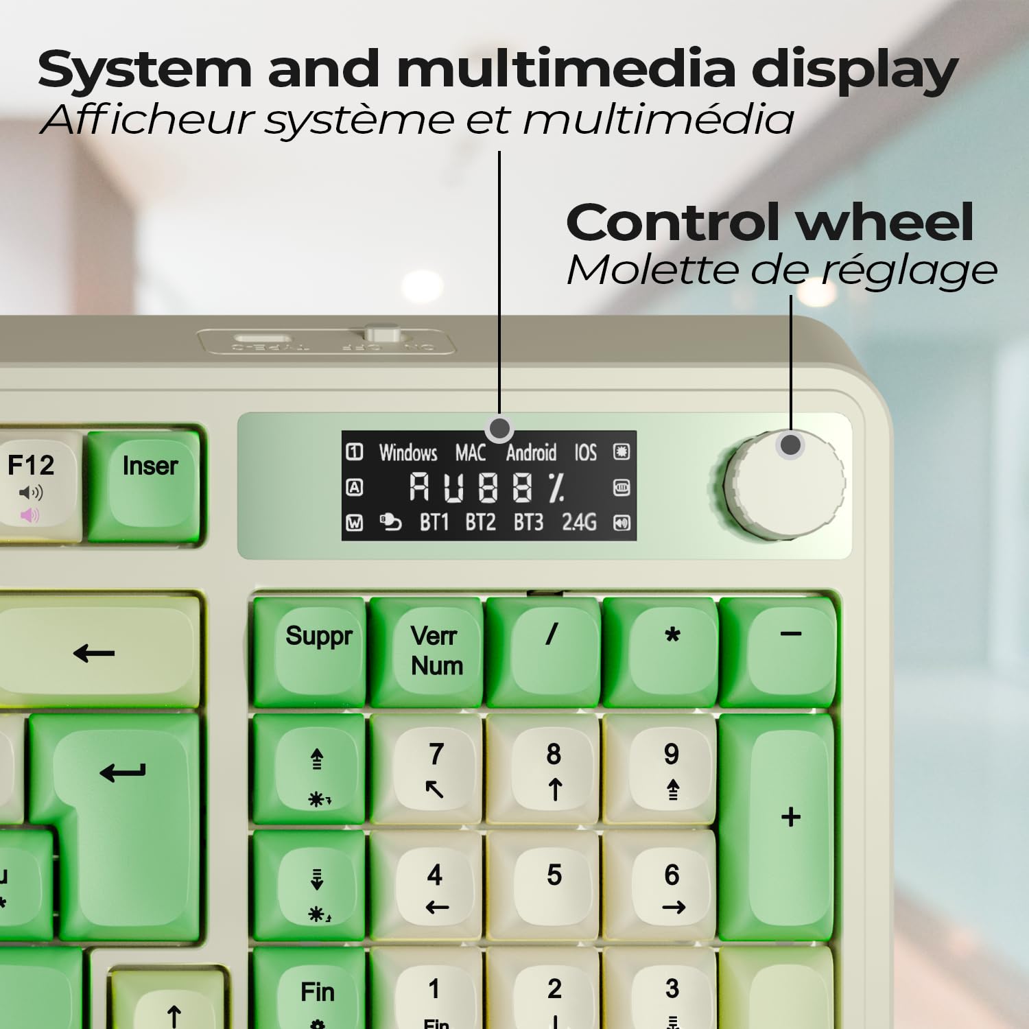 NEWWAY NK251 – Clavier sans Fil Rechargeable Affichage LCD Numérique Molette Multifonction - AZERTY français – Triple Mode (WiFi 2.4 GHz, BT, USB-C) - Récepteur USB au Dos
